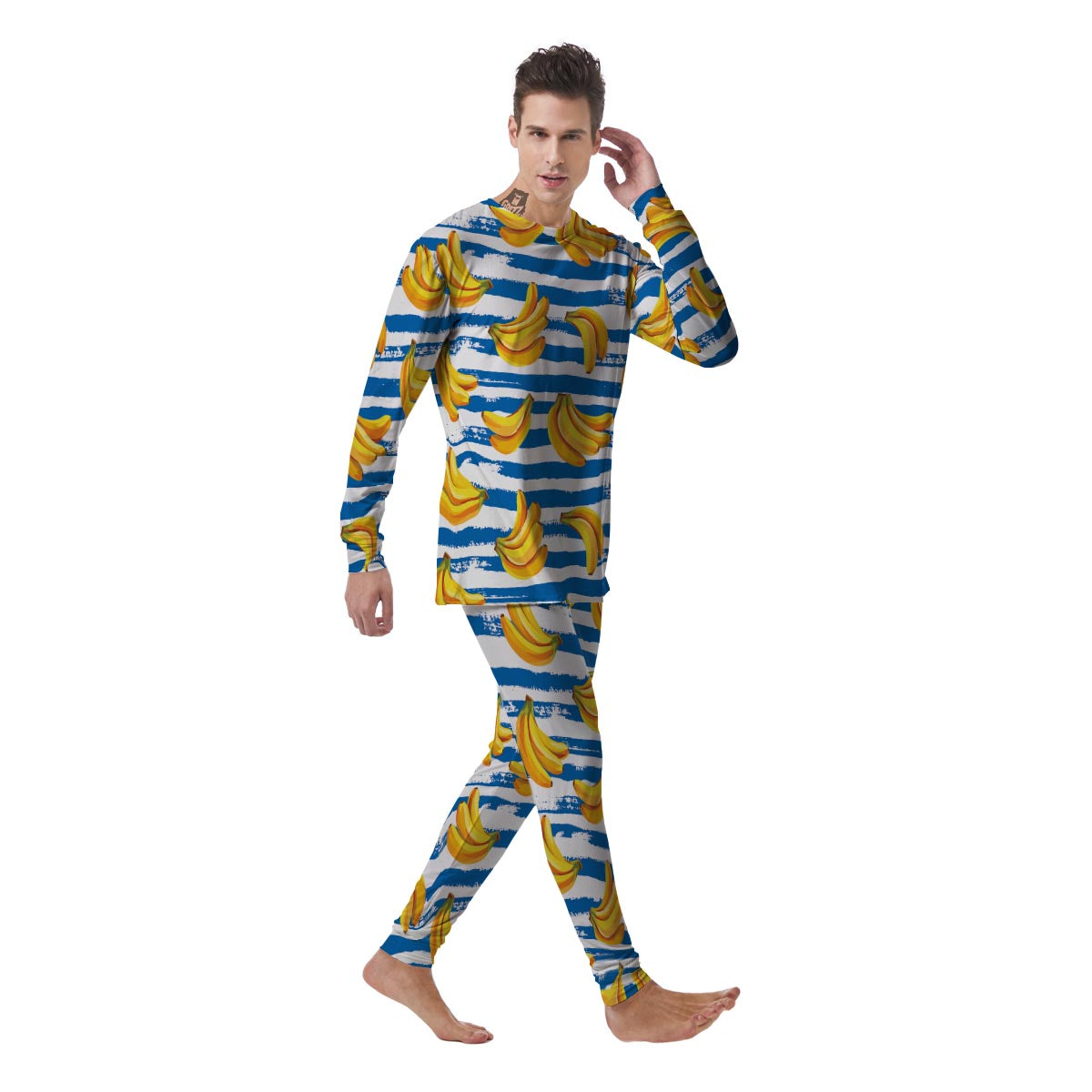 Banana Blue And White Striped Print Pattern Men's Pajamas-grizzshop