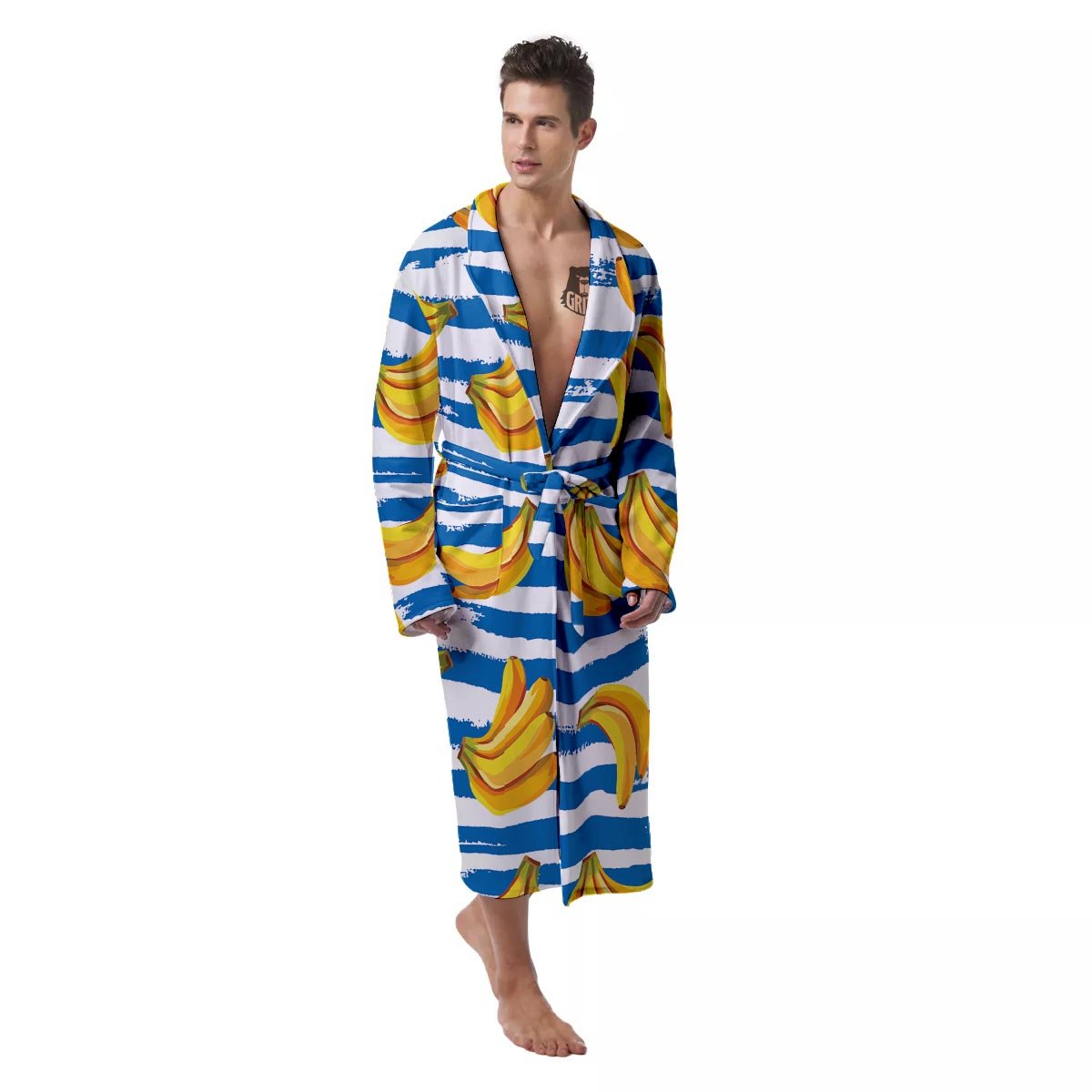 Banana Blue And White Striped Print Pattern Men's Robe-grizzshop
