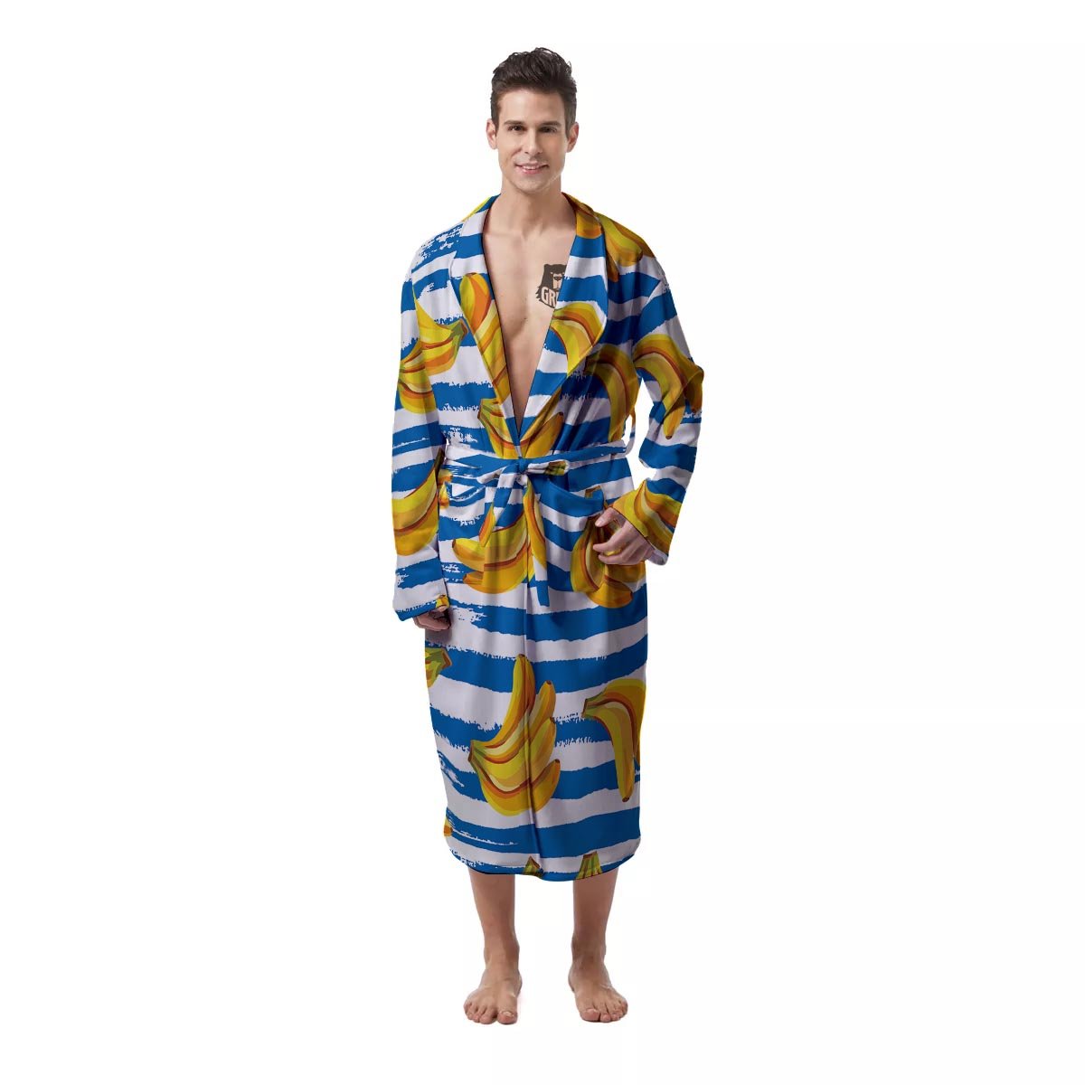 Banana Blue And White Striped Print Pattern Men's Robe-grizzshop