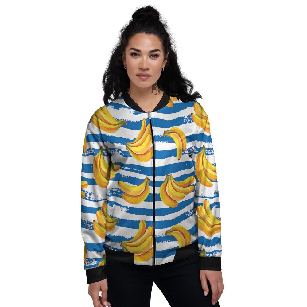 Banana Blue And White Striped Print Pattern Women's Bomber Jacket-grizzshop