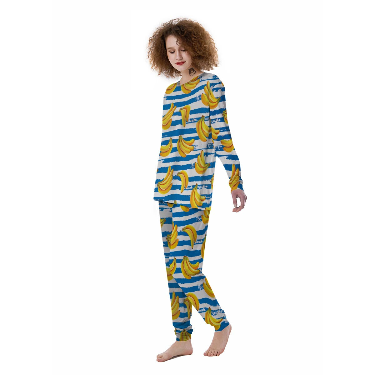 Banana Blue And White Striped Print Pattern Women's Pajamas-grizzshop