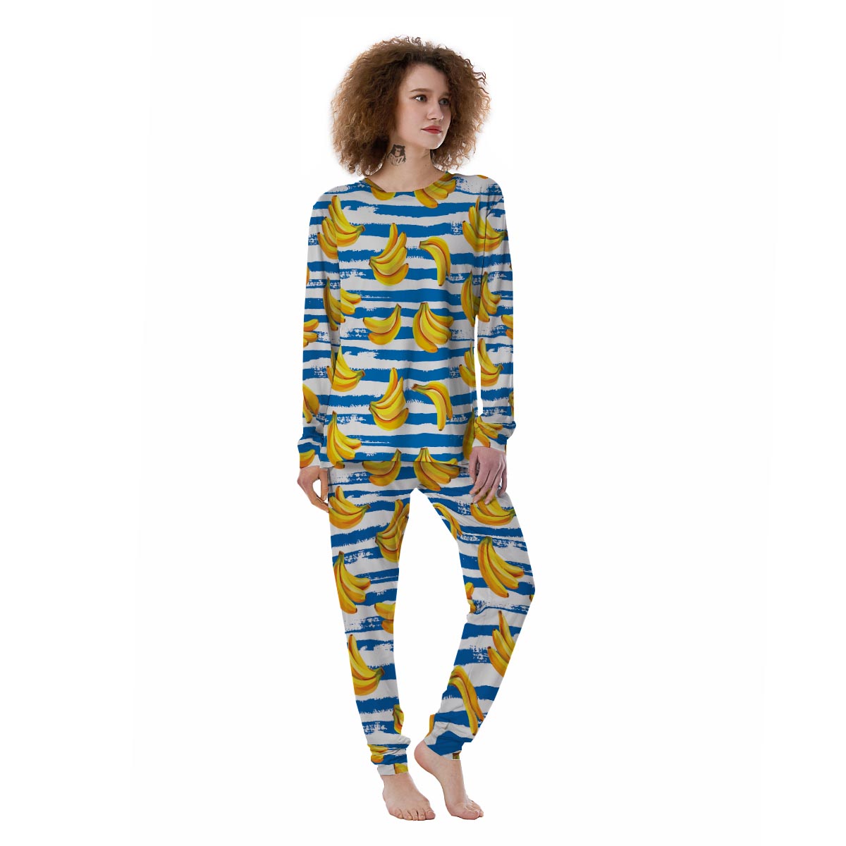 Banana Blue And White Striped Print Pattern Women's Pajamas-grizzshop