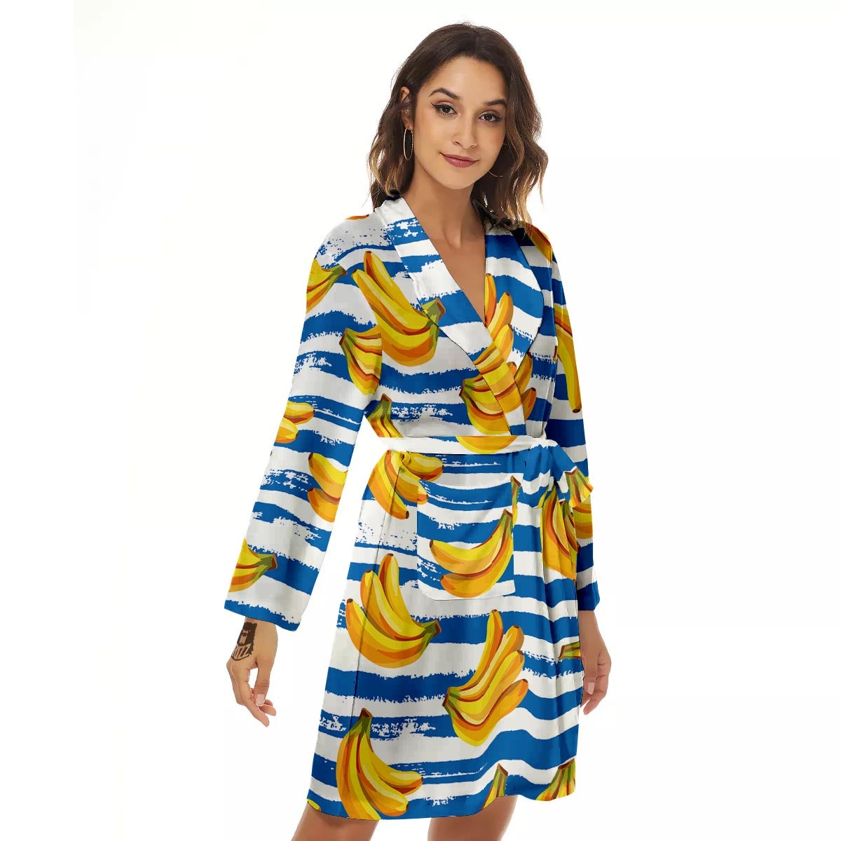 Banana Blue And White Striped Print Pattern Women's Robe-grizzshop