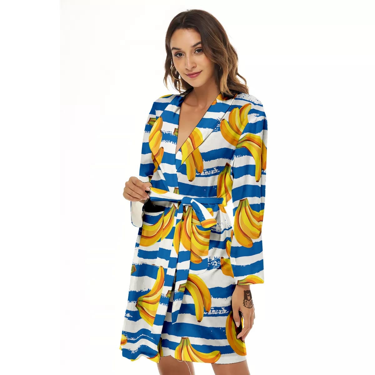 Banana Blue And White Striped Print Pattern Women's Robe-grizzshop