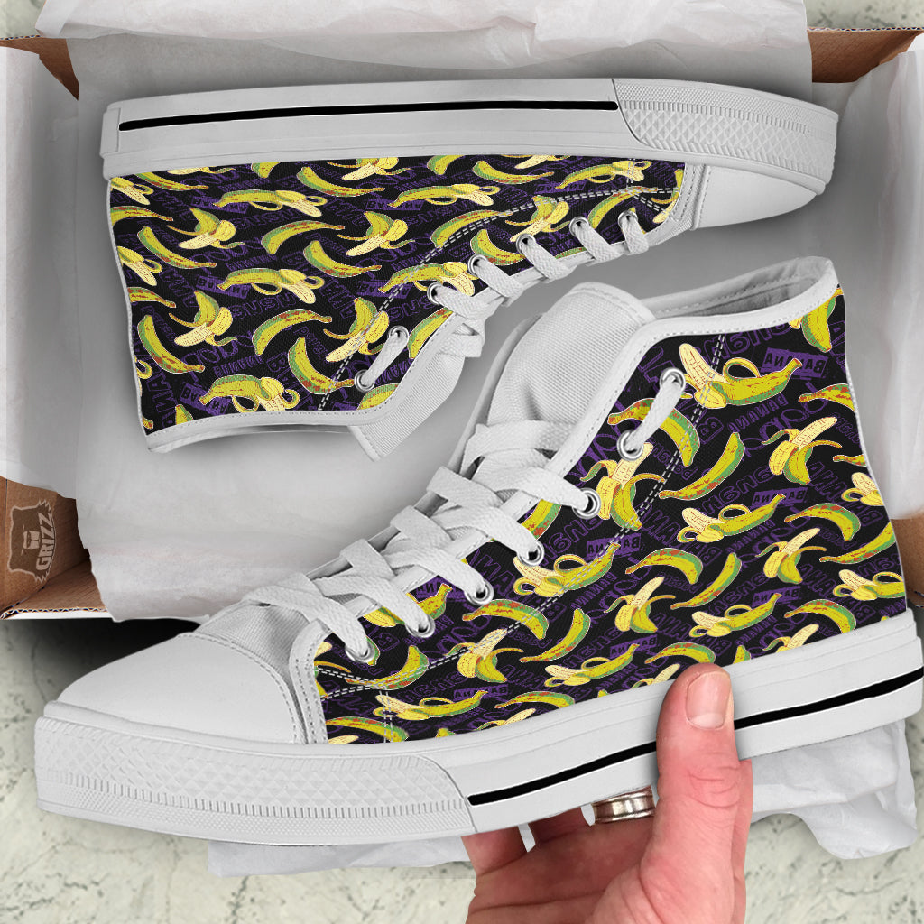 Banana Color Vintage Purple Print Pattern White High Top Shoes-grizzshop