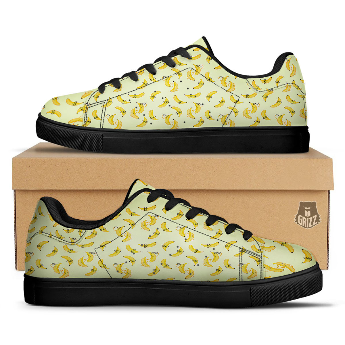 Banana Cute Print Pattern Black Low Top Sneakers-grizzshop