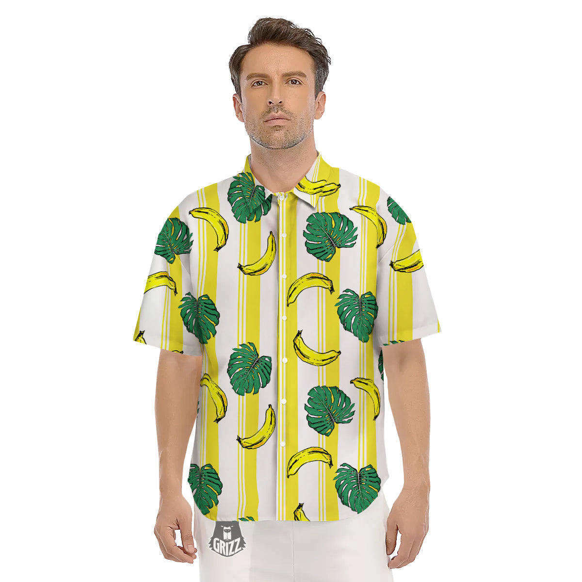 Banana Geometric Yellow Print Pattern Men's Short Sleeve Shirts-grizzshop