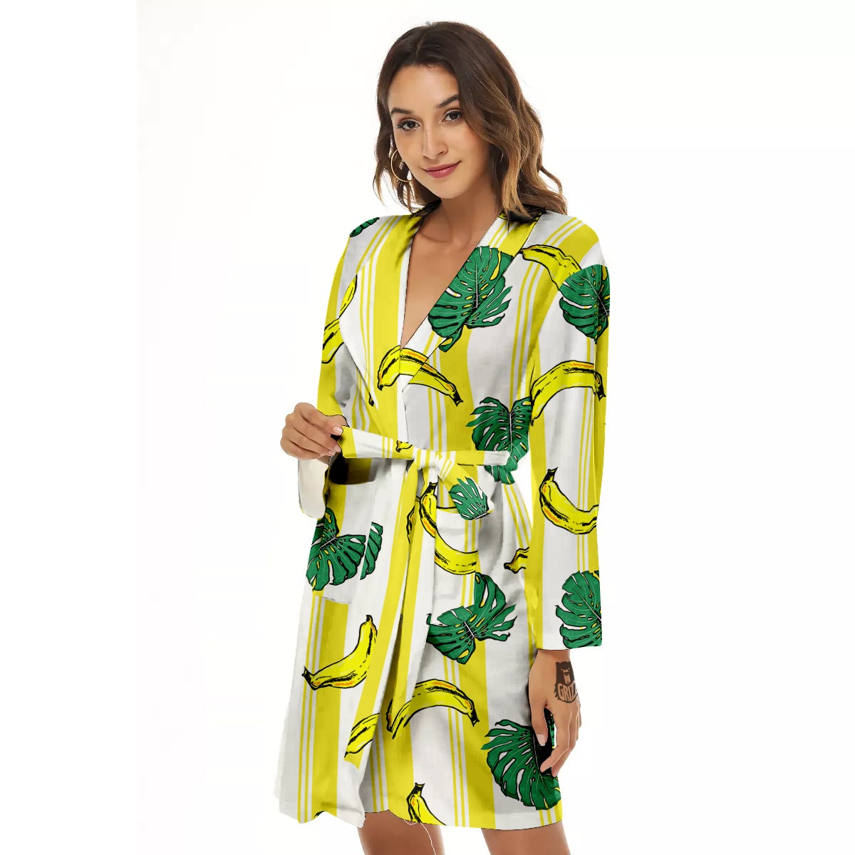 Banana Geometric Yellow Print Pattern Women's Robe-grizzshop