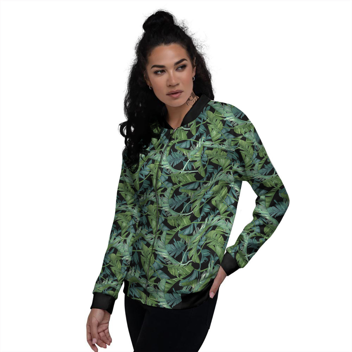 Banana Leaf Print Pattern Women's Bomber Jacket-grizzshop
