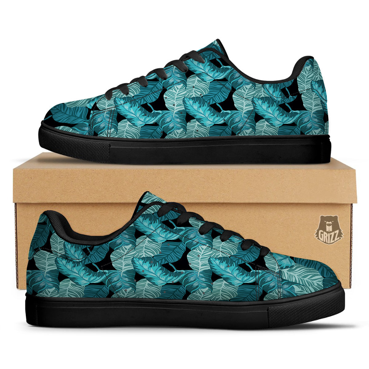 Banana Leaf Turquoise Print Pattern Black Low Top Sneakers-grizzshop