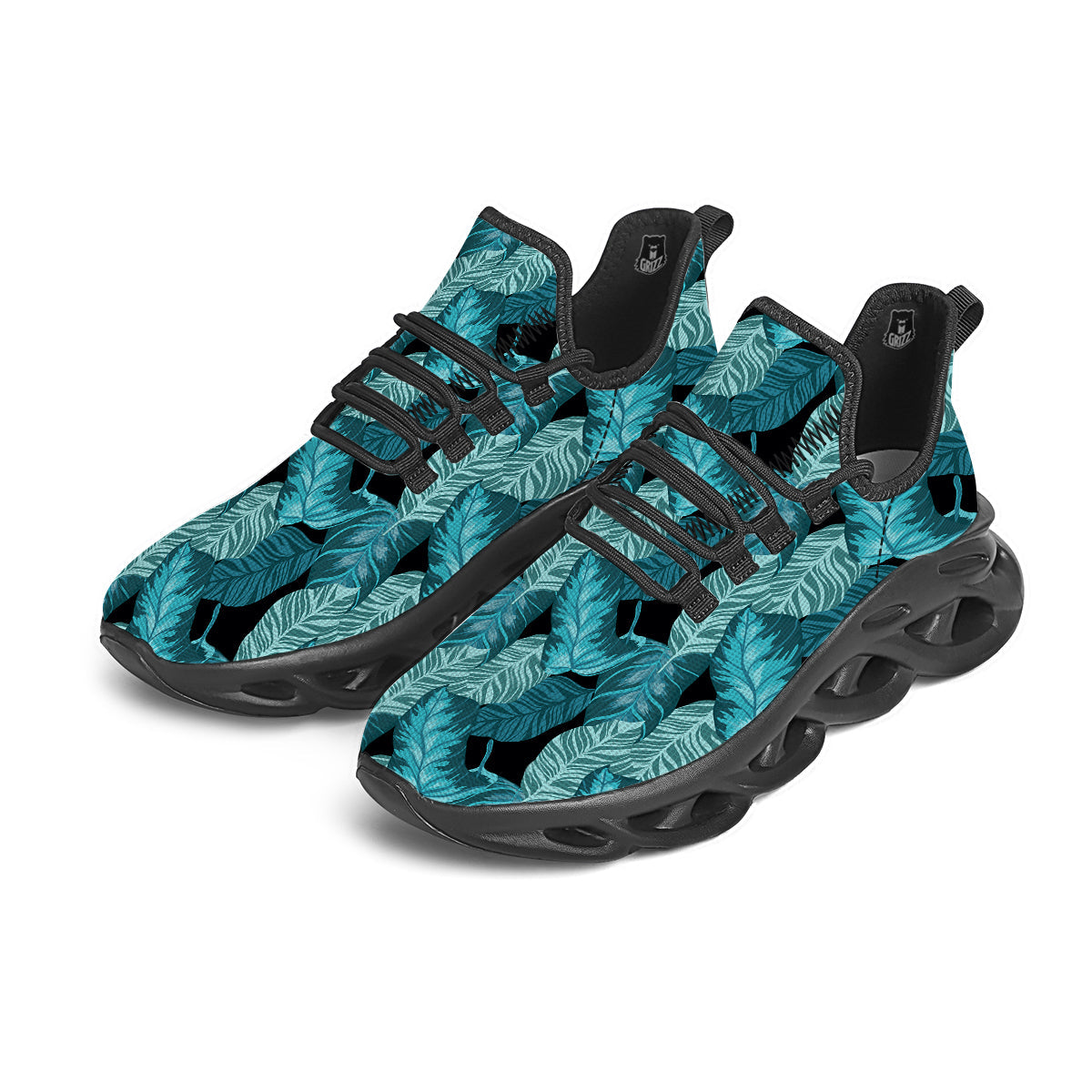 Banana Leaf Turquoise Print Pattern Black Running Shoes-grizzshop
