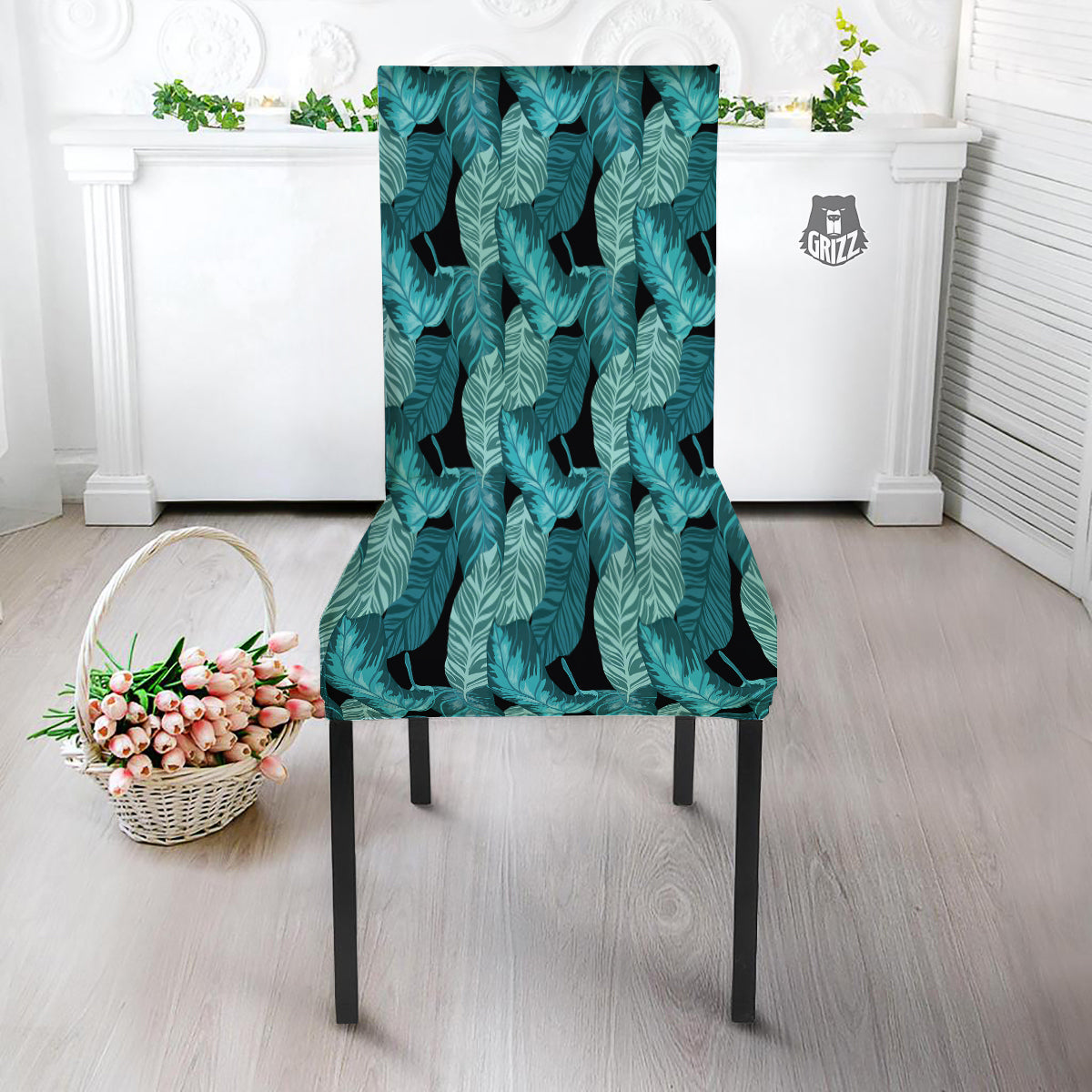 Banana Leaf Turquoise Print Pattern Dining Chair Slipcover-grizzshop