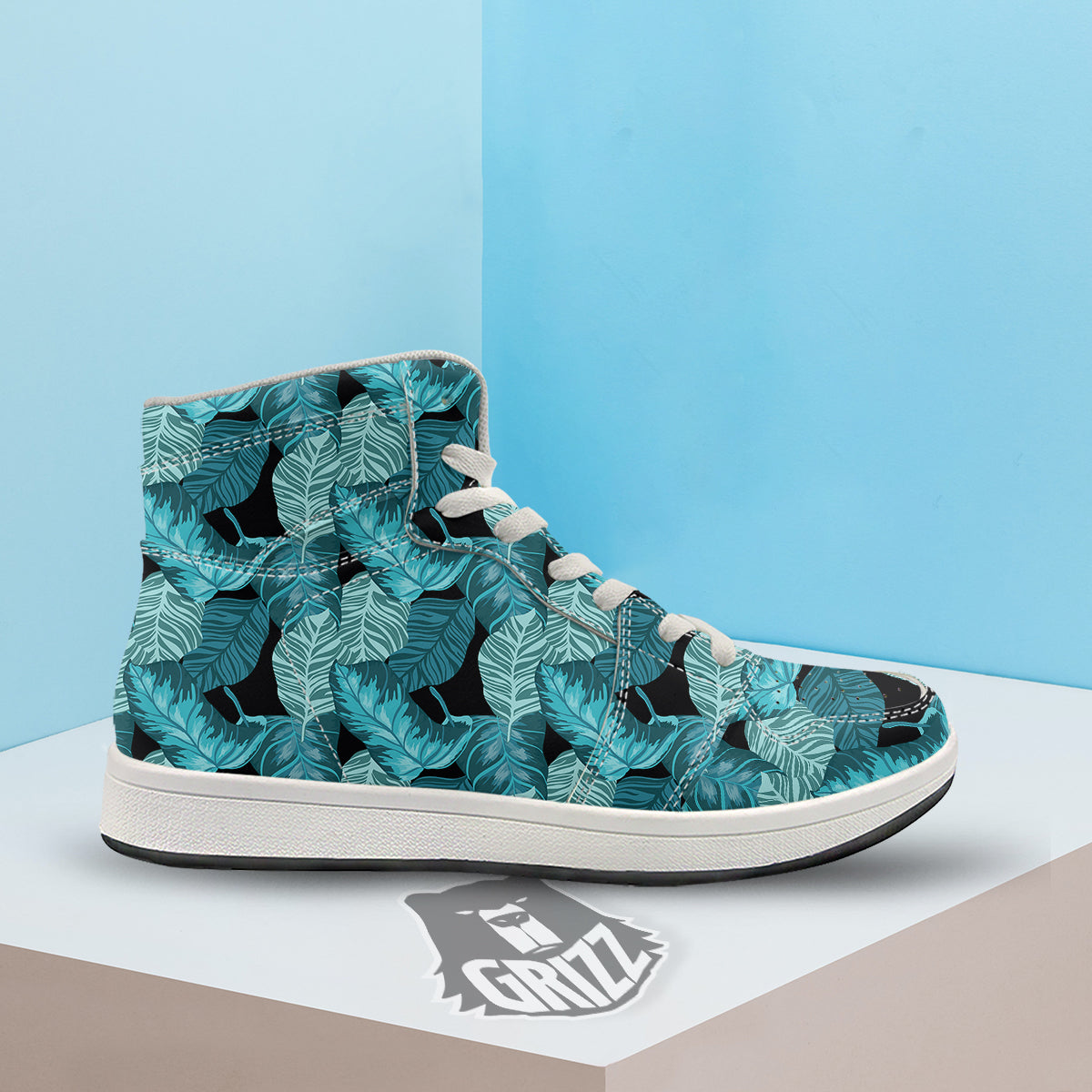 Banana Leaf Turquoise Print Pattern High Top Sneakers-grizzshop