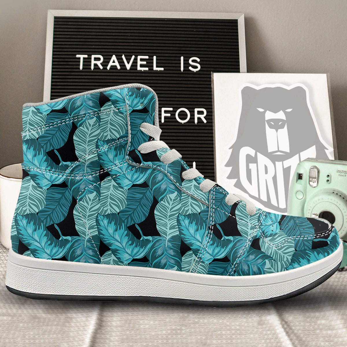 Banana Leaf Turquoise Print Pattern High Top Sneakers-grizzshop