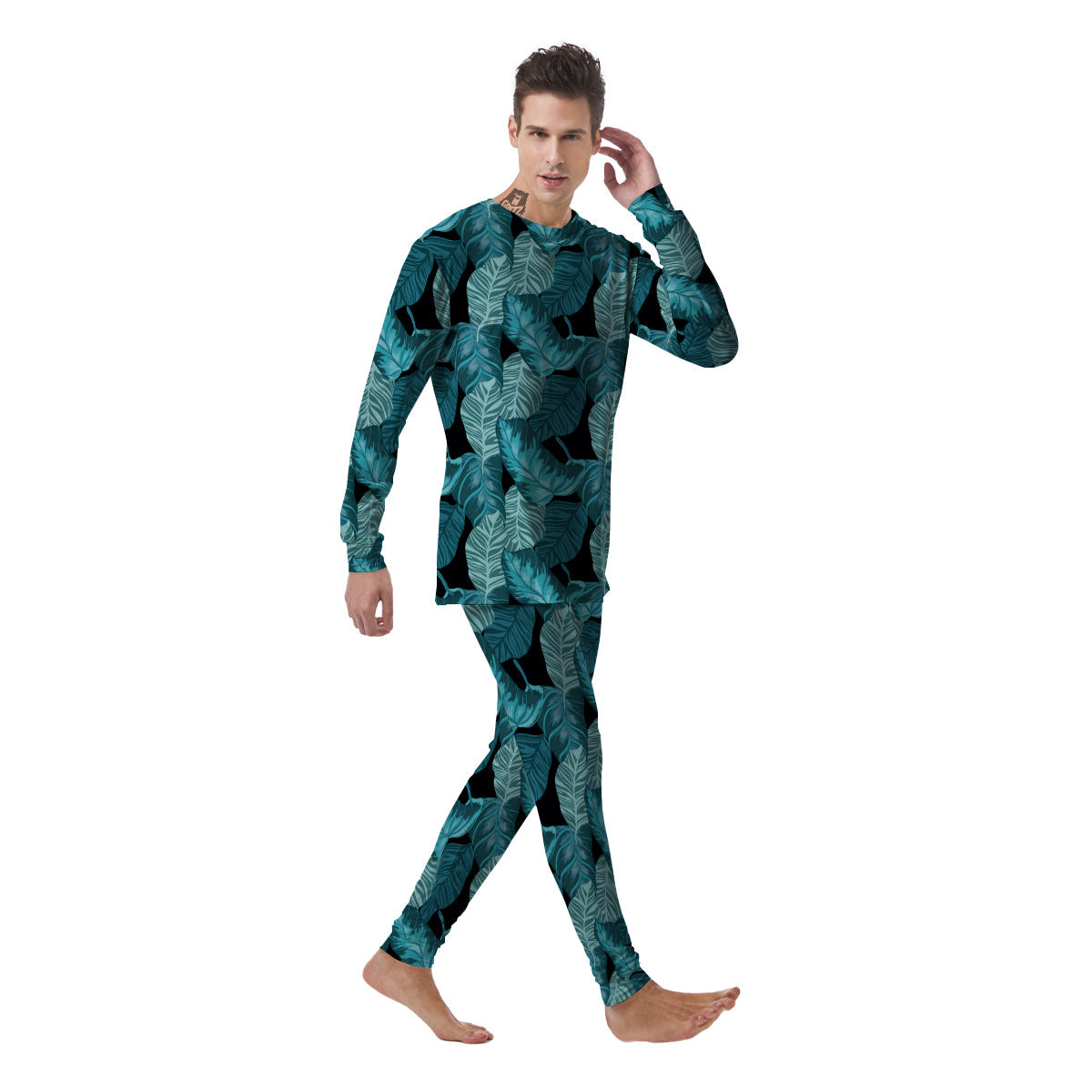 Banana Leaf Turquoise Print Pattern Men's Pajamas-grizzshop