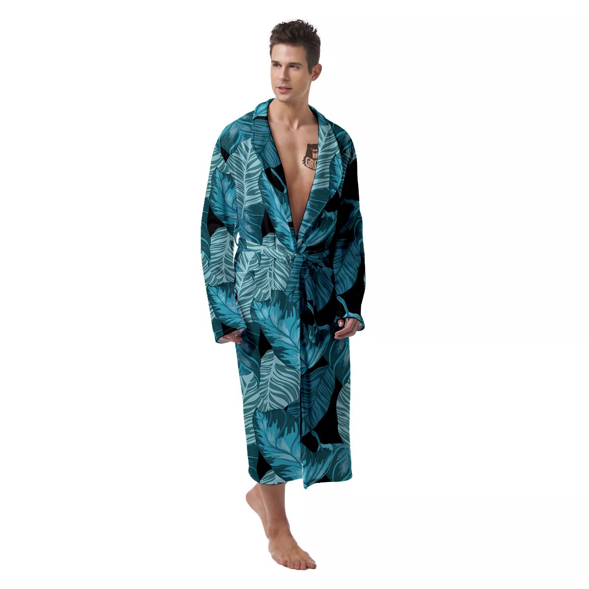 Banana Leaf Turquoise Print Pattern Men's Robe-grizzshop