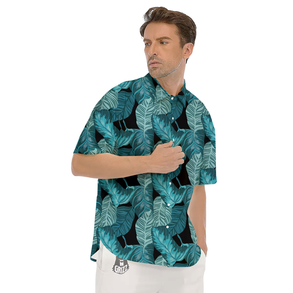 Banana Leaf Turquoise Print Pattern Men's Short Sleeve Shirts-grizzshop