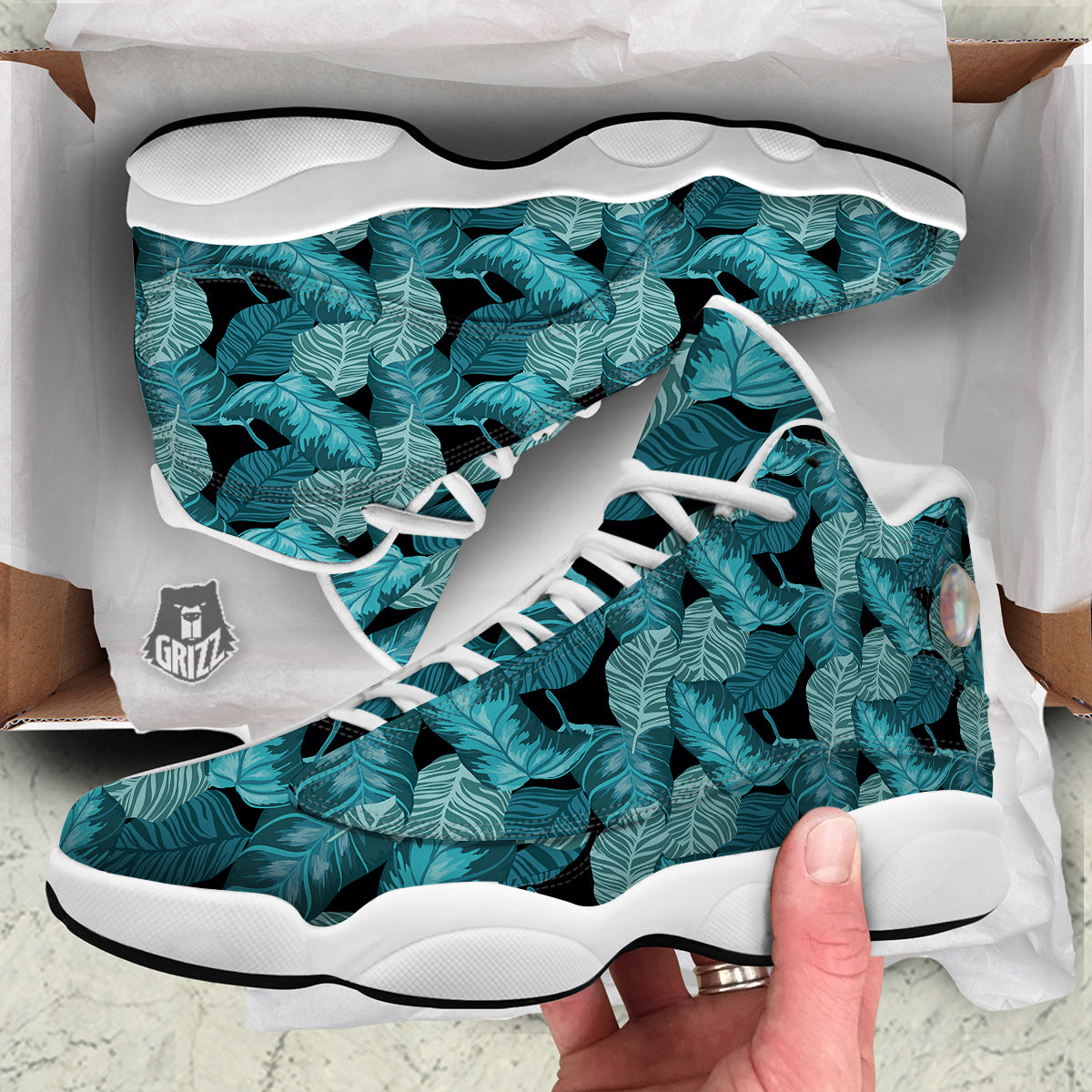 Banana Leaf Turquoise Print Pattern White Basketball Shoes-grizzshop