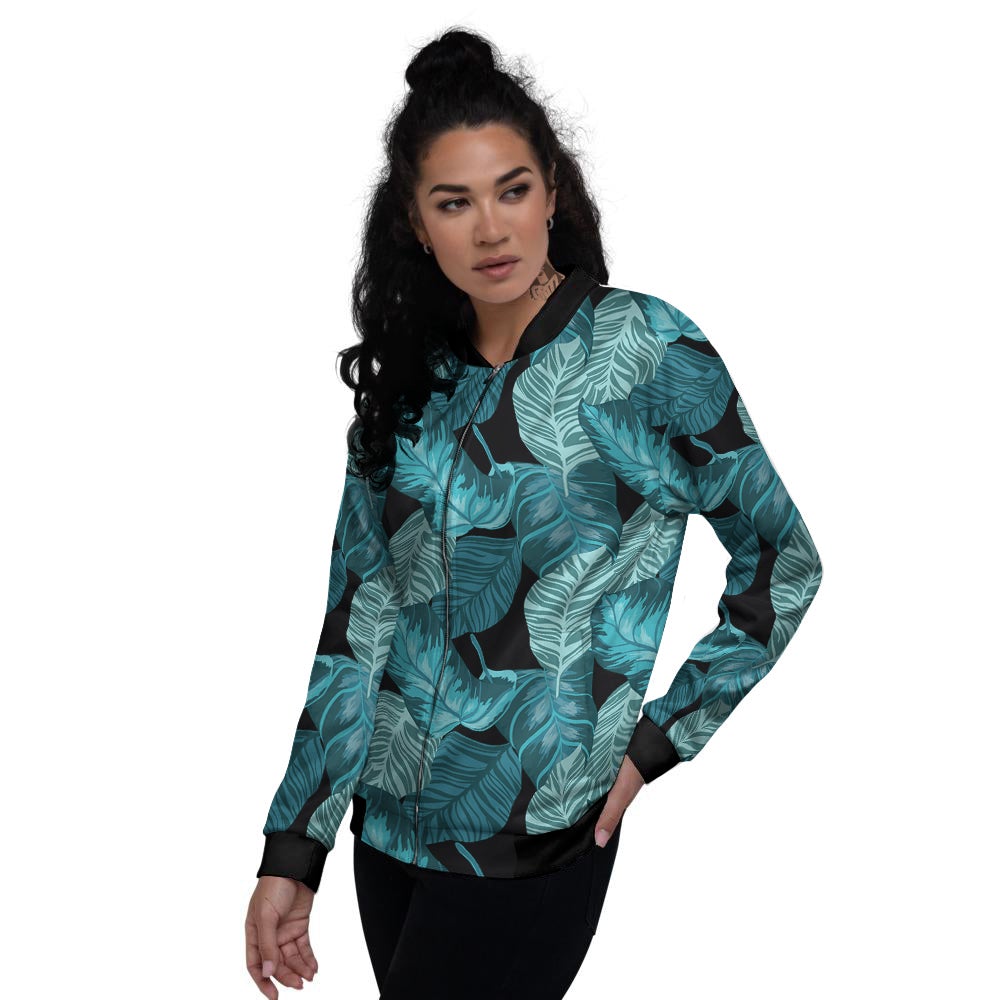 Banana Leaf Turquoise Print Pattern Women's Bomber Jacket-grizzshop