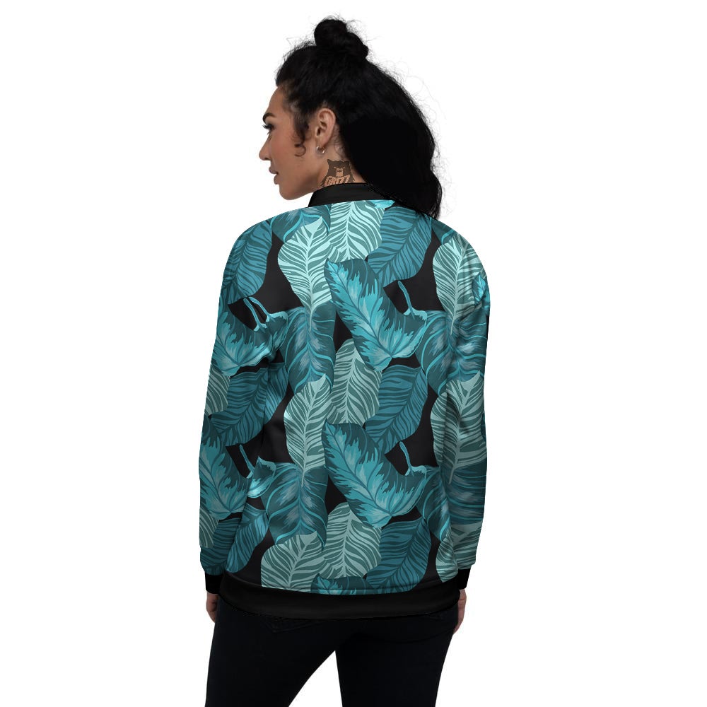 Banana Leaf Turquoise Print Pattern Women's Bomber Jacket-grizzshop