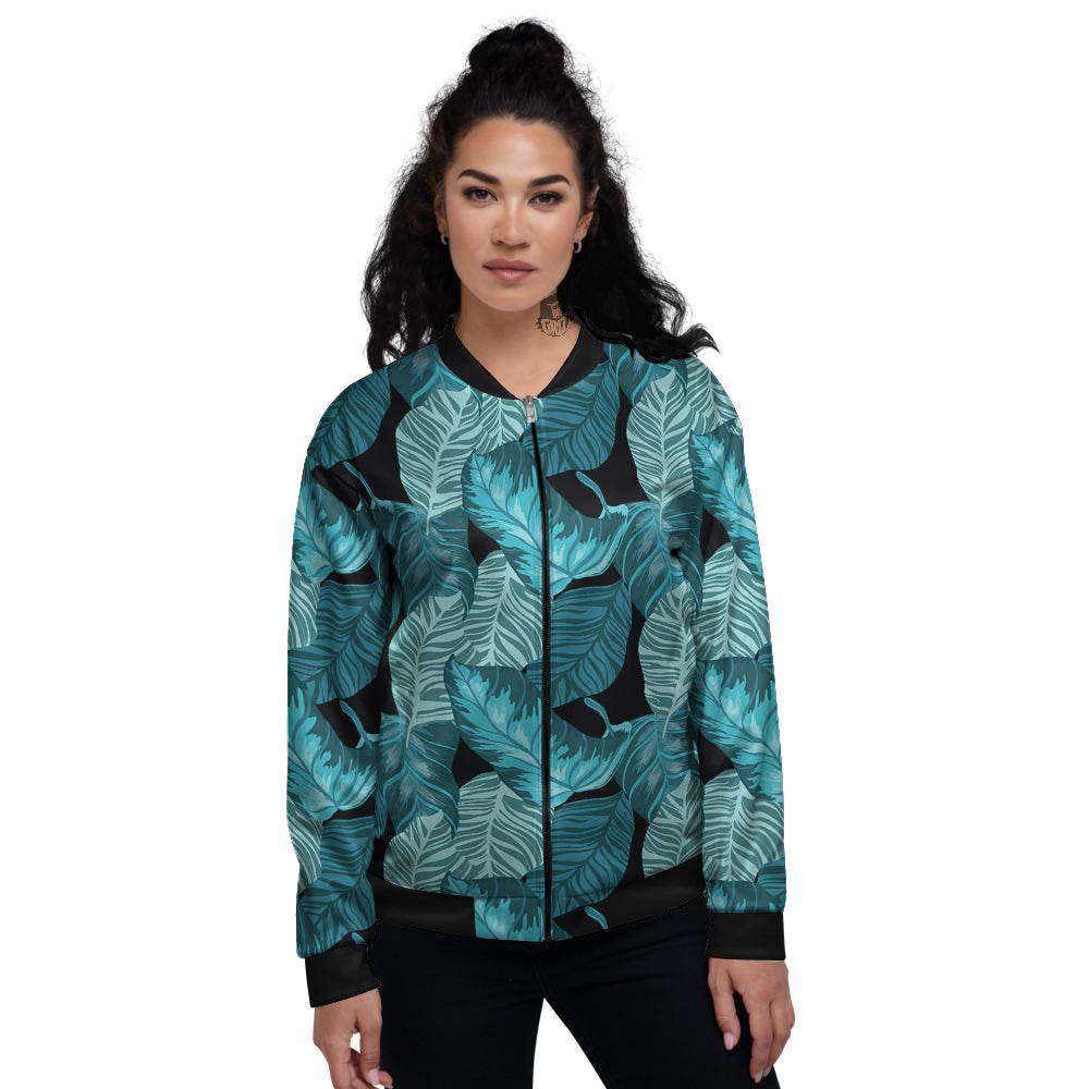 Banana Leaf Turquoise Print Pattern Women's Bomber Jacket-grizzshop