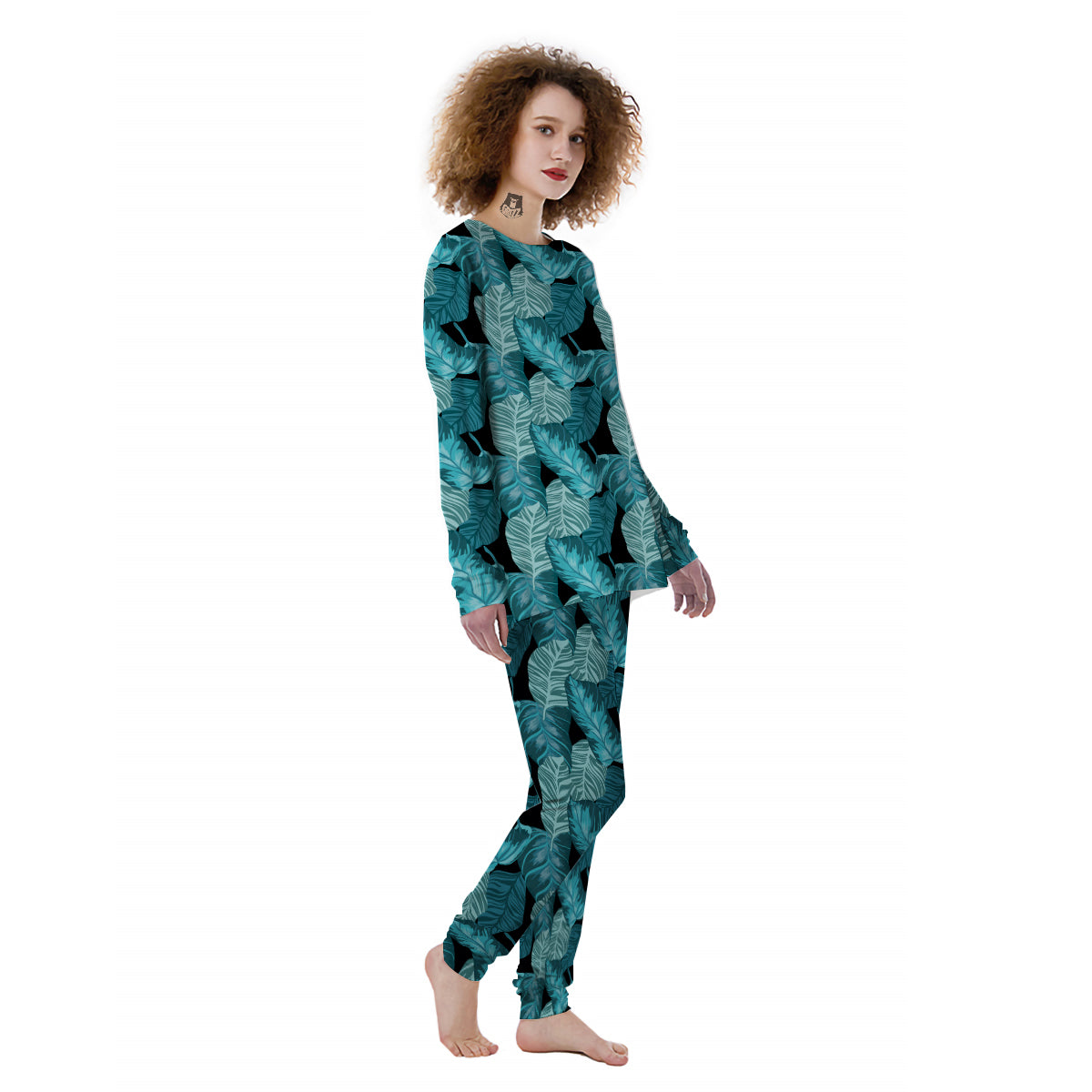 Banana Leaf Turquoise Print Pattern Women's Pajamas-grizzshop