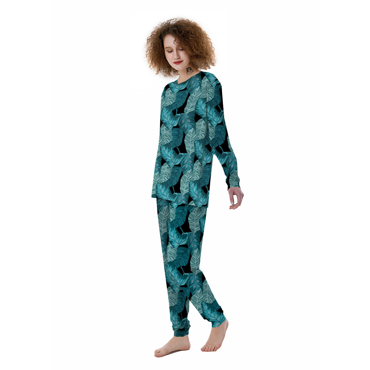 Banana Leaf Turquoise Print Pattern Women's Pajamas-grizzshop