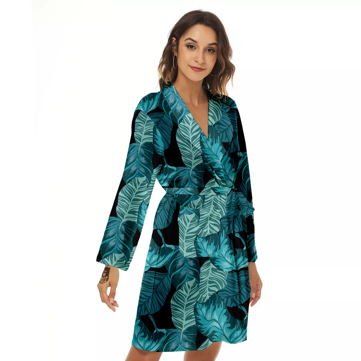 Banana Leaf Turquoise Print Pattern Women's Robe-grizzshop