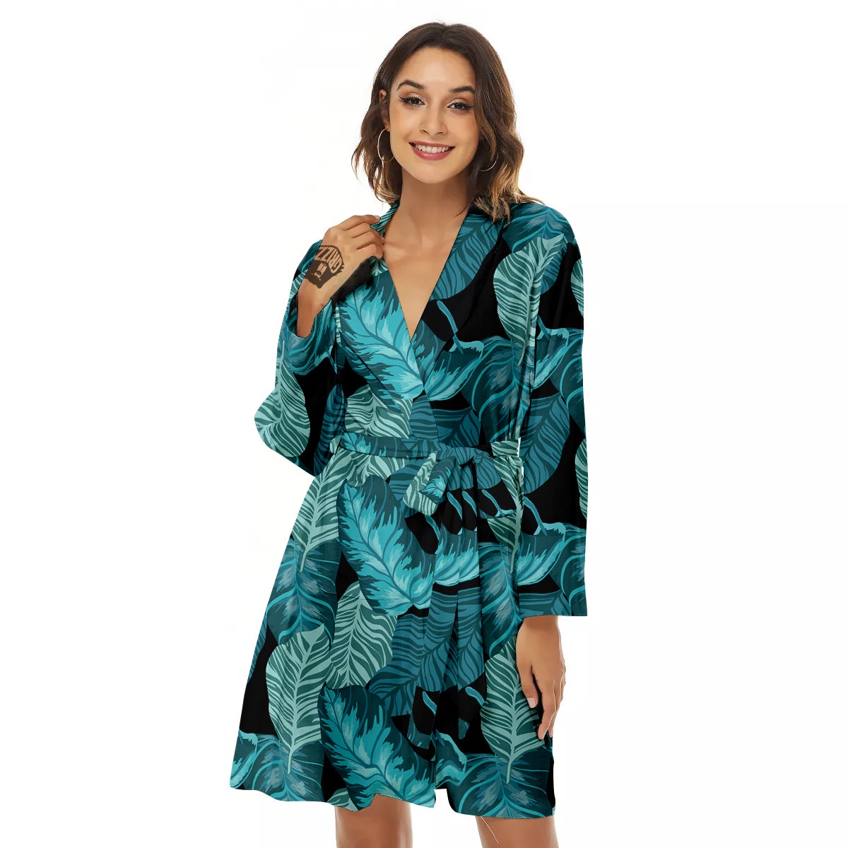 Banana Leaf Turquoise Print Pattern Women's Robe-grizzshop