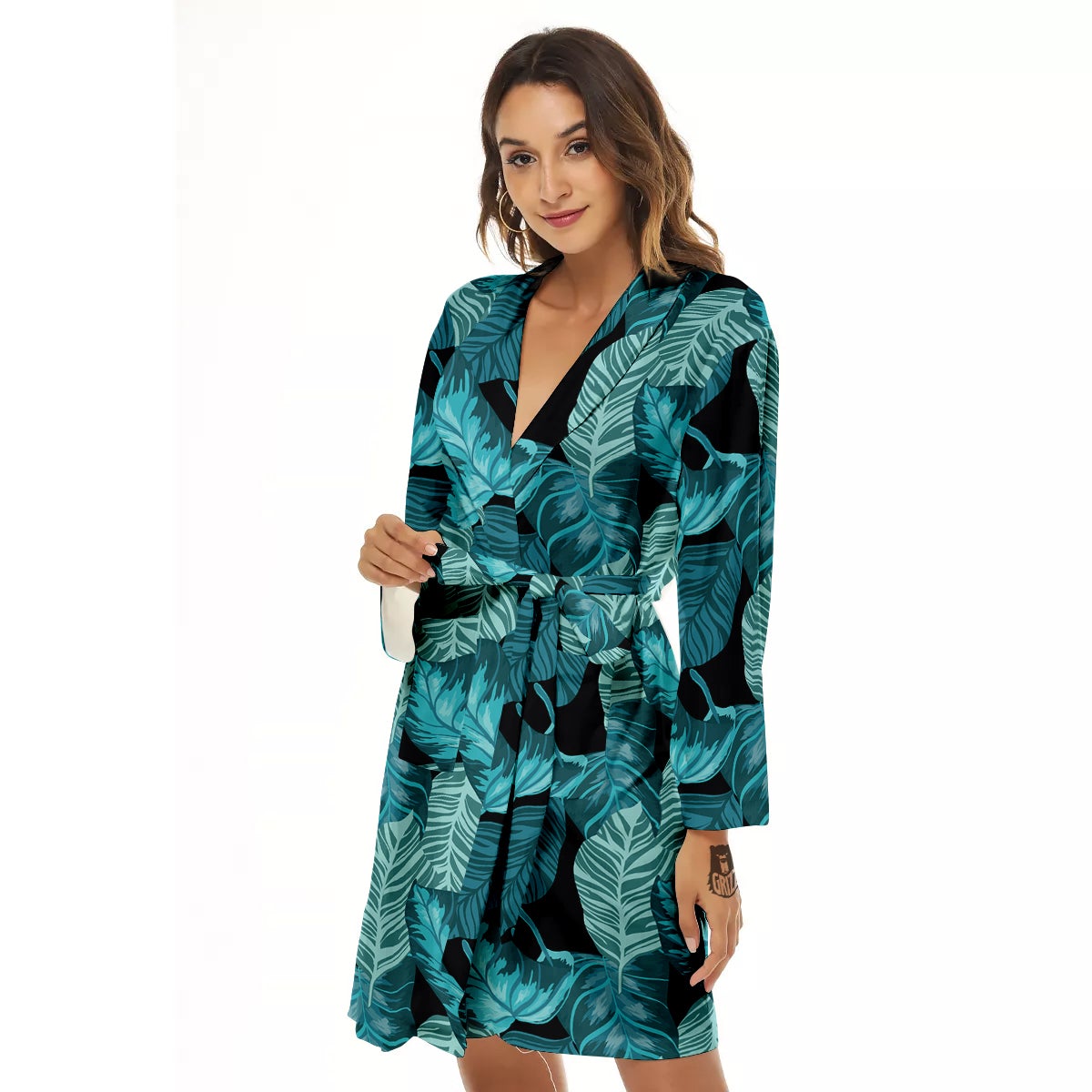 Banana Leaf Turquoise Print Pattern Women's Robe-grizzshop