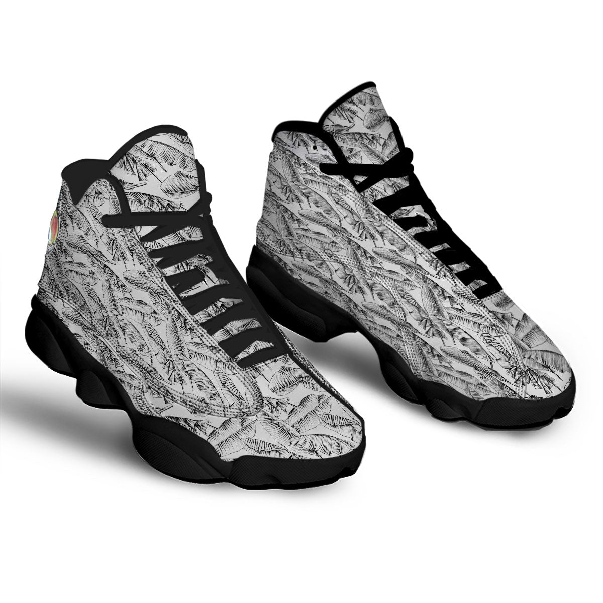Banana Leaf White And Black Print Black Basketball Shoes-grizzshop