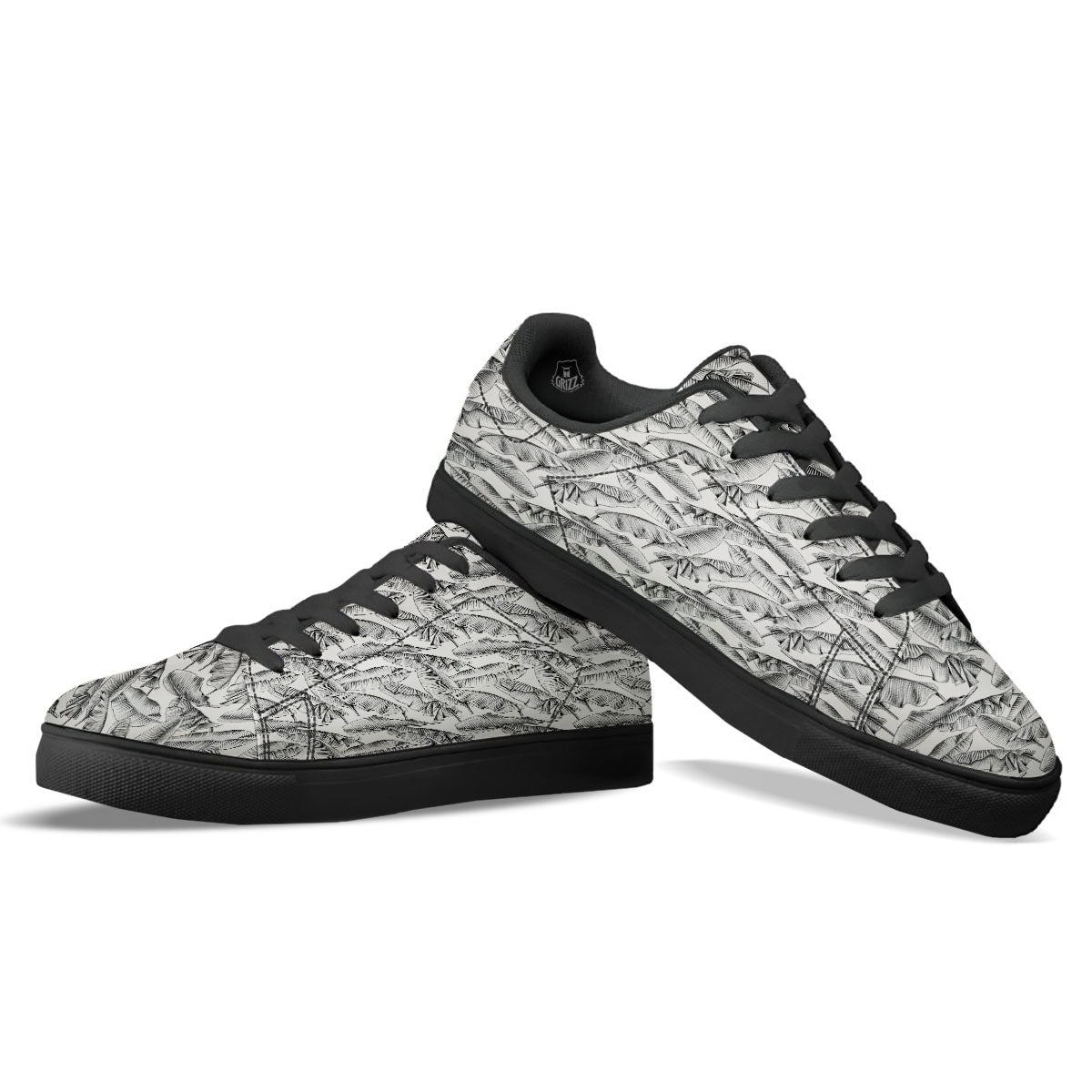 Banana Leaf White And Black Print Black Low Top Sneakers-grizzshop