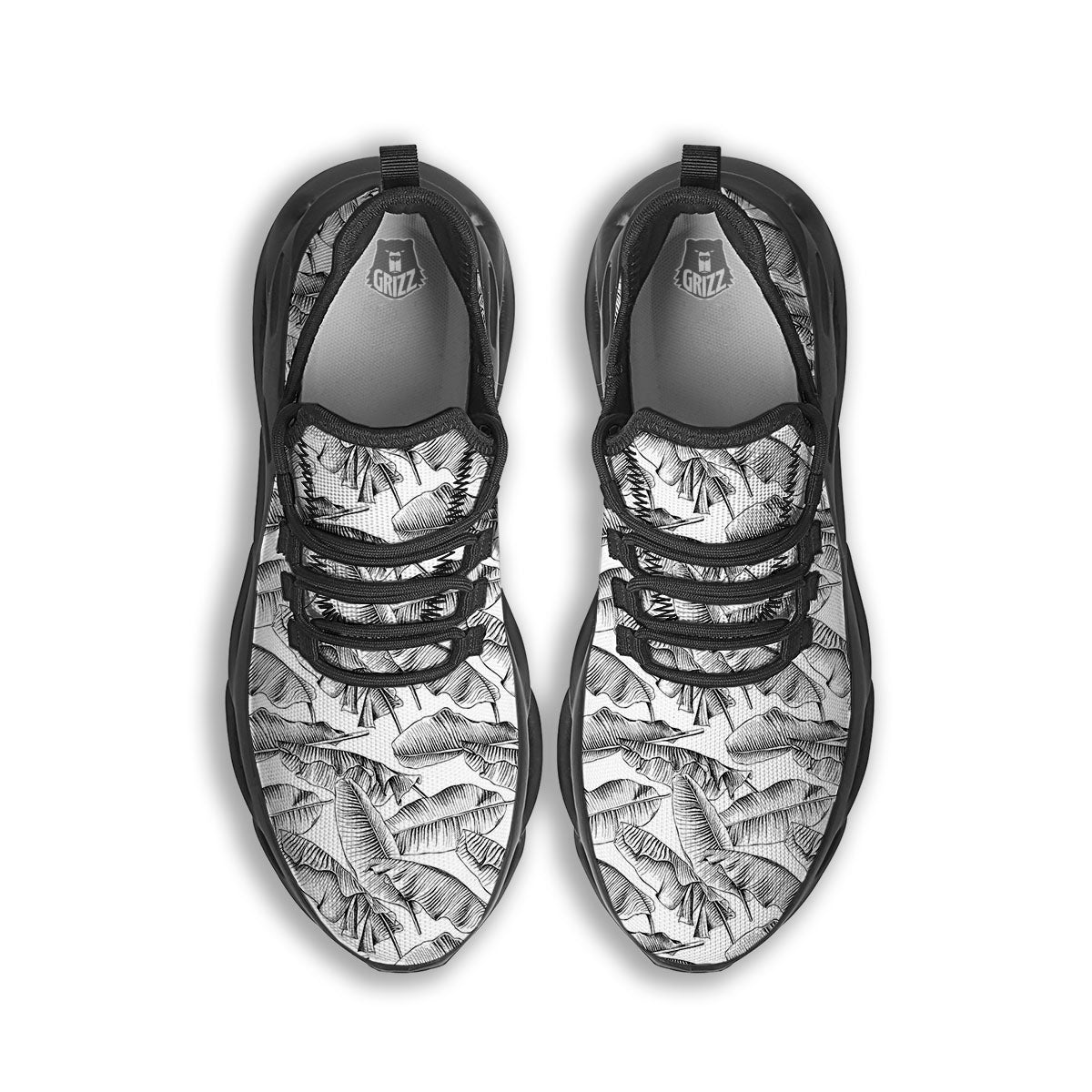 Banana Leaf White And Black Print Black Running Shoes-grizzshop