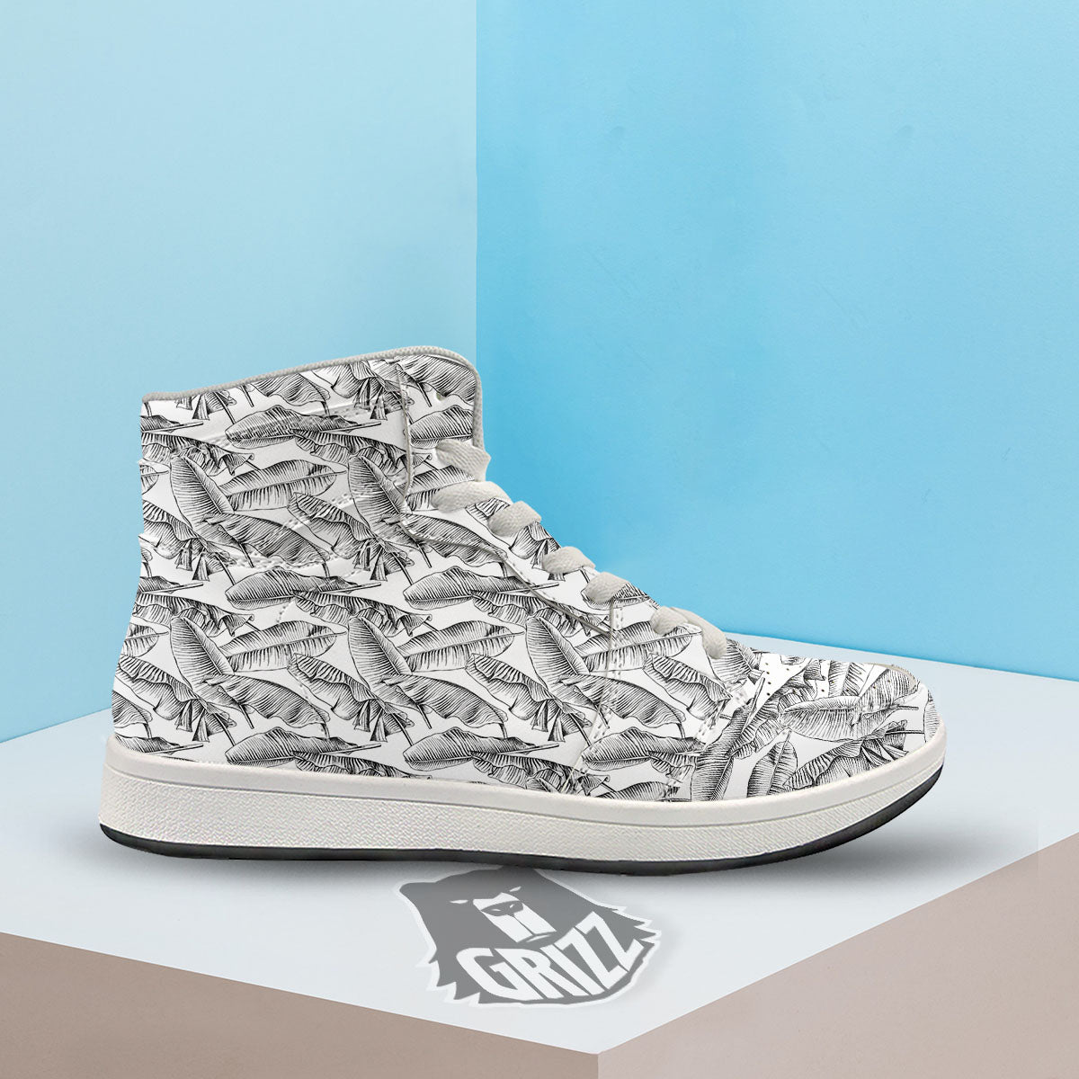 Banana Leaf White And Black Print High Top Sneakers-grizzshop