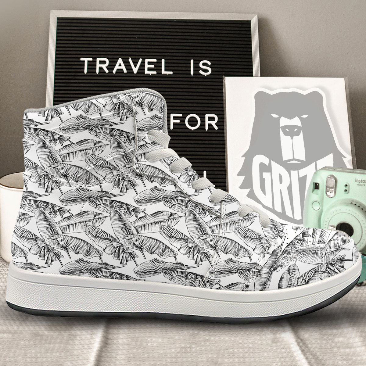 Banana Leaf White And Black Print High Top Sneakers-grizzshop