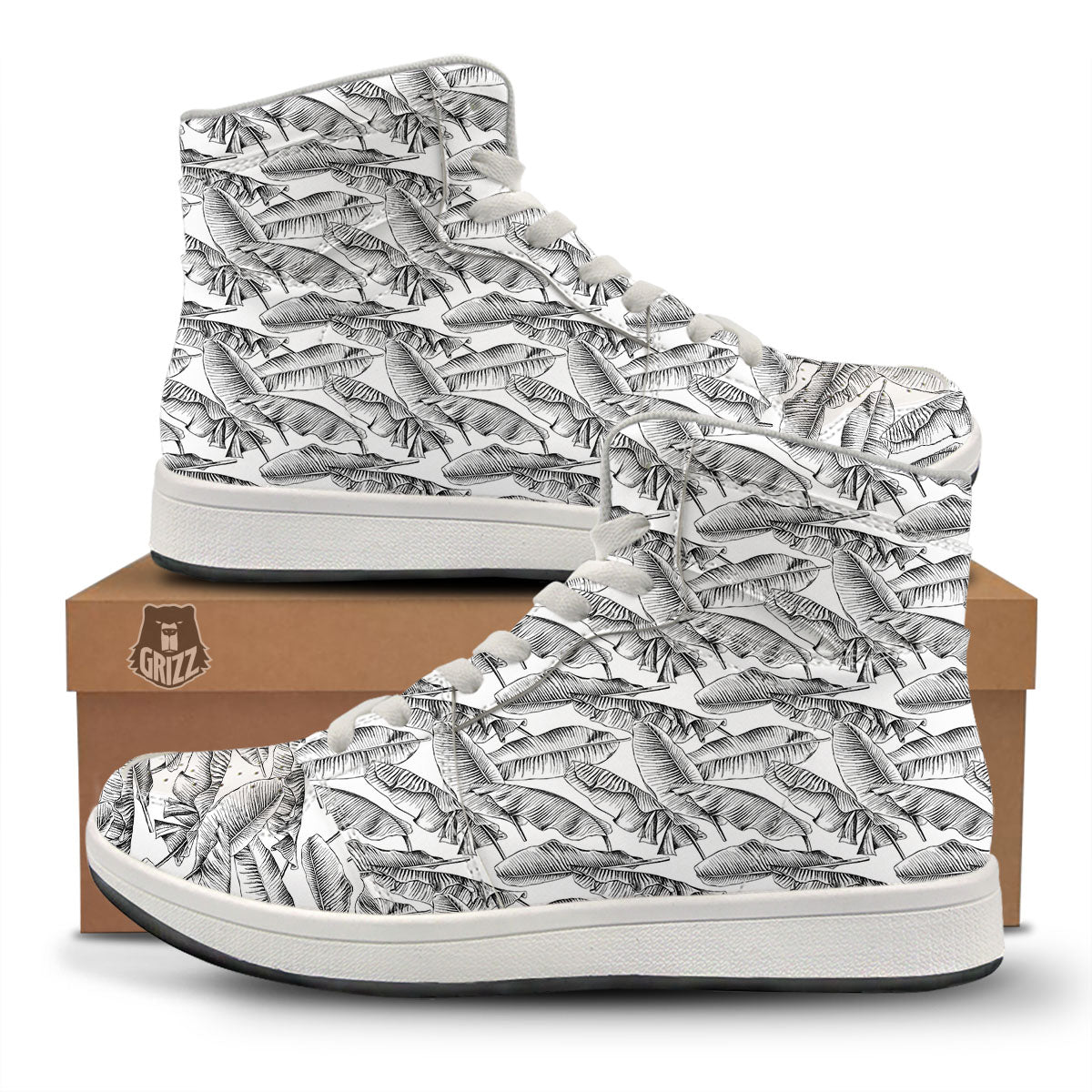 Banana Leaf White And Black Print High Top Sneakers-grizzshop
