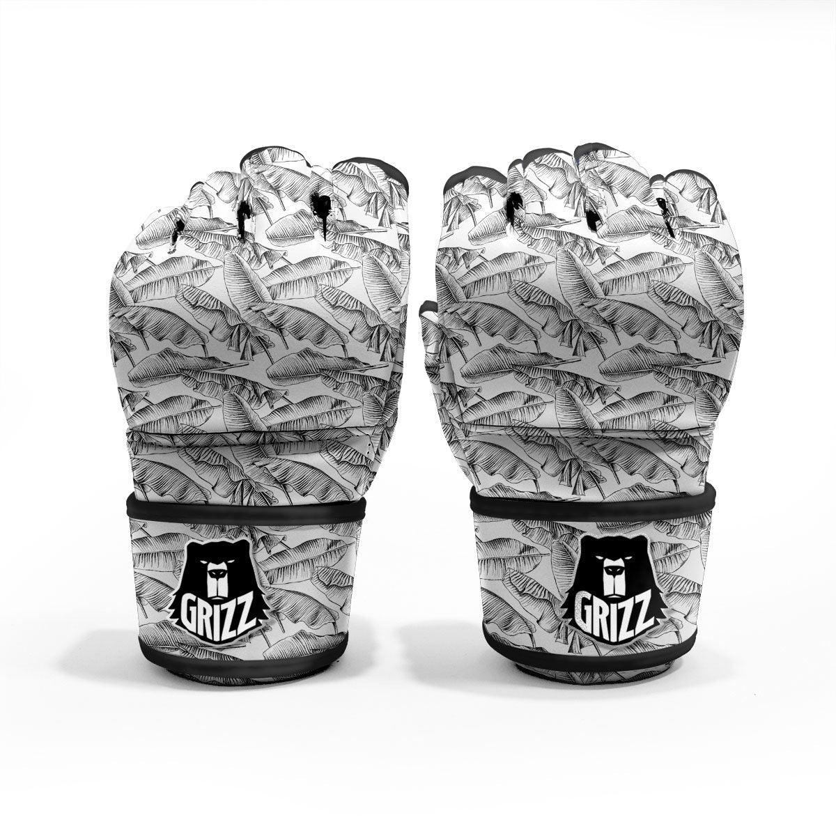 Banana Leaf White And Black Print MMA Gloves-grizzshop