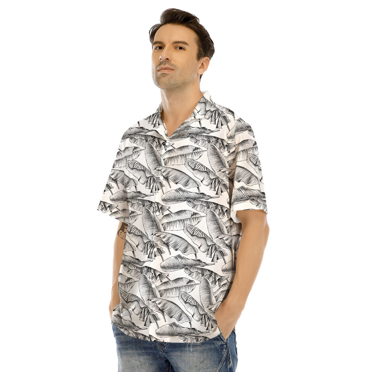 Banana Leaf White And Black Print Men's Hawaiian Shirt-grizzshop