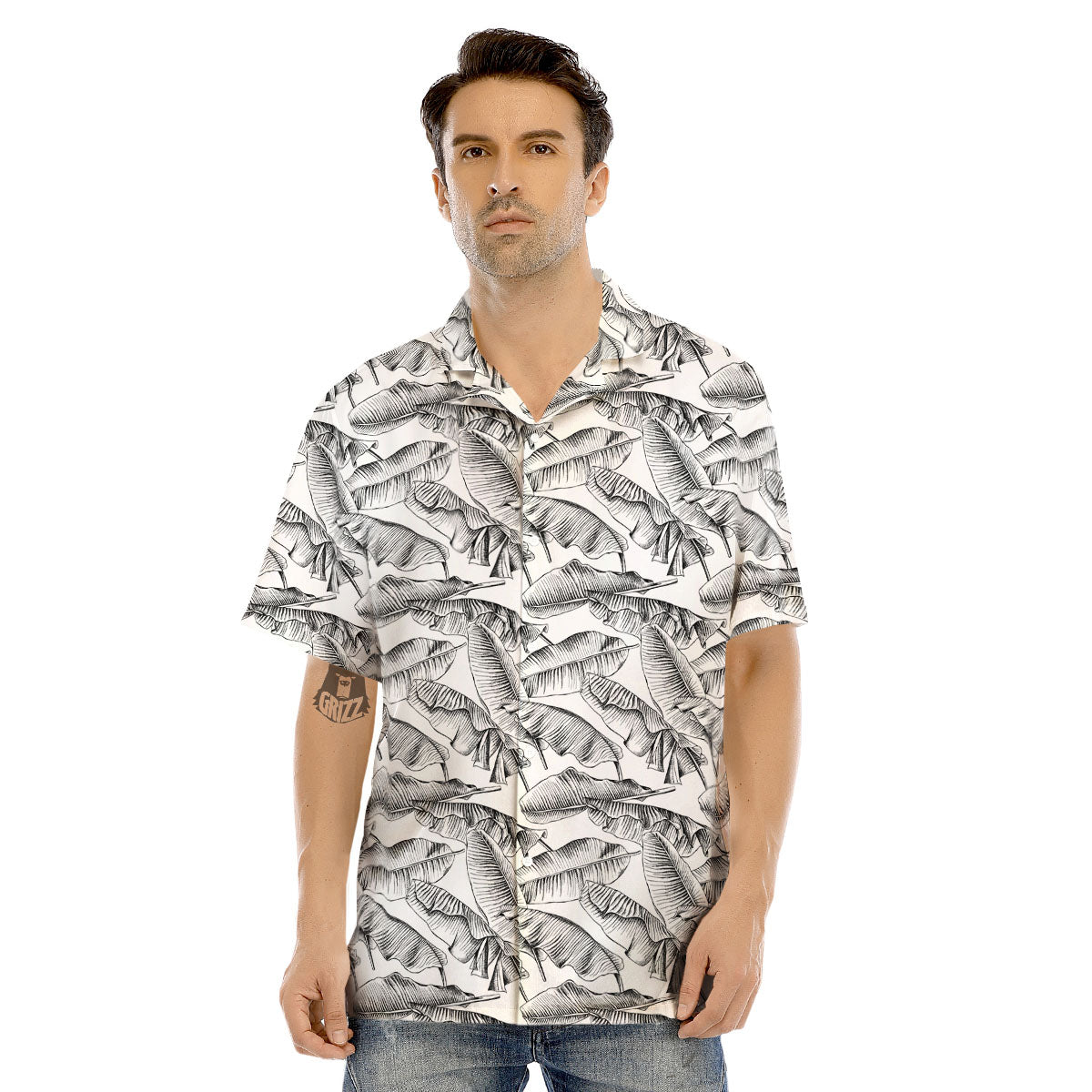 Banana Leaf White And Black Print Men's Hawaiian Shirt-grizzshop