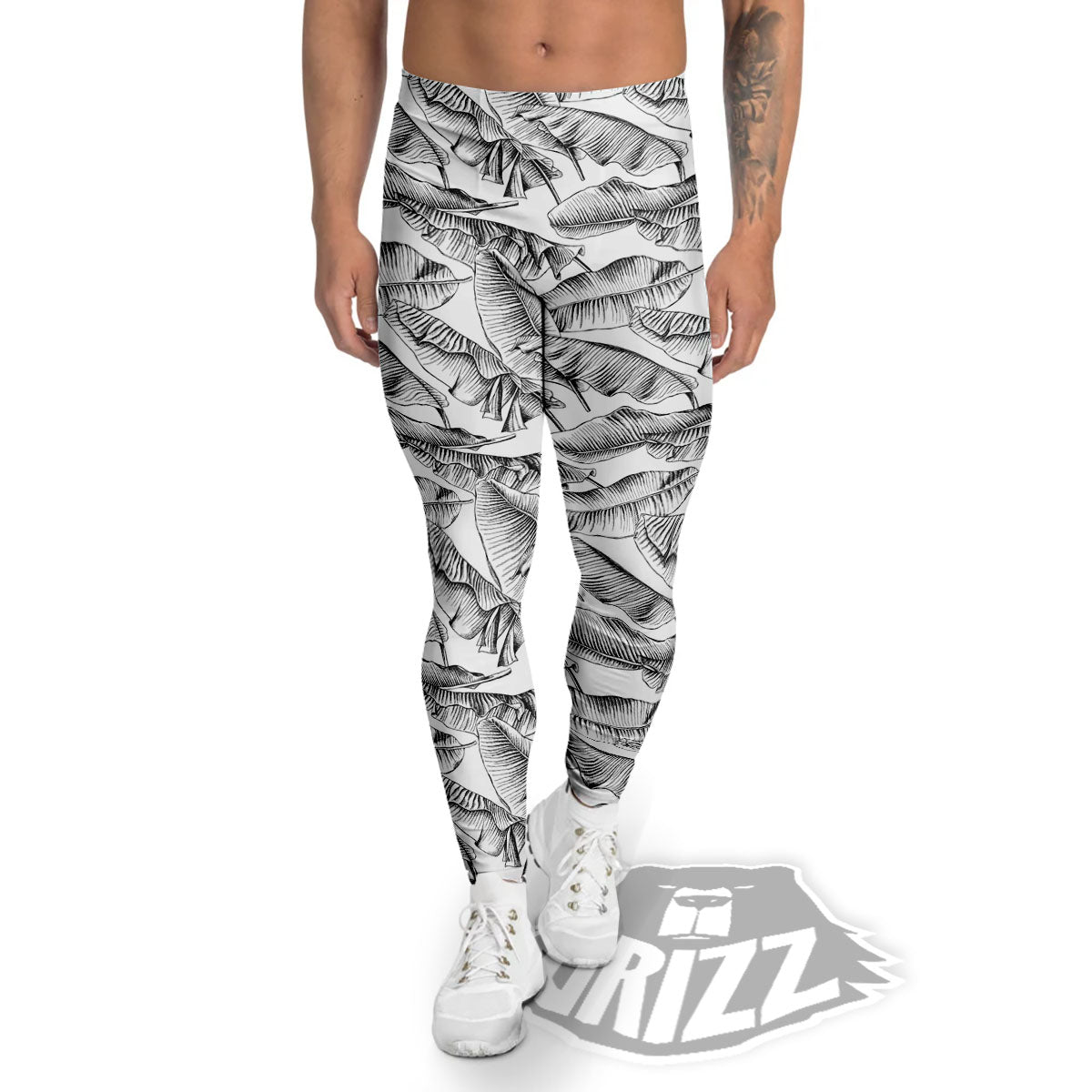 Banana Leaf White And Black Print Men's Leggings-grizzshop