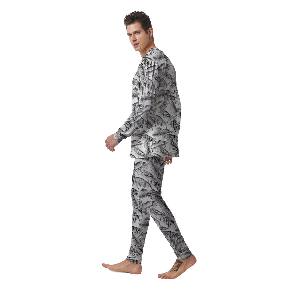 Banana Leaf White And Black Print Men's Pajamas-grizzshop