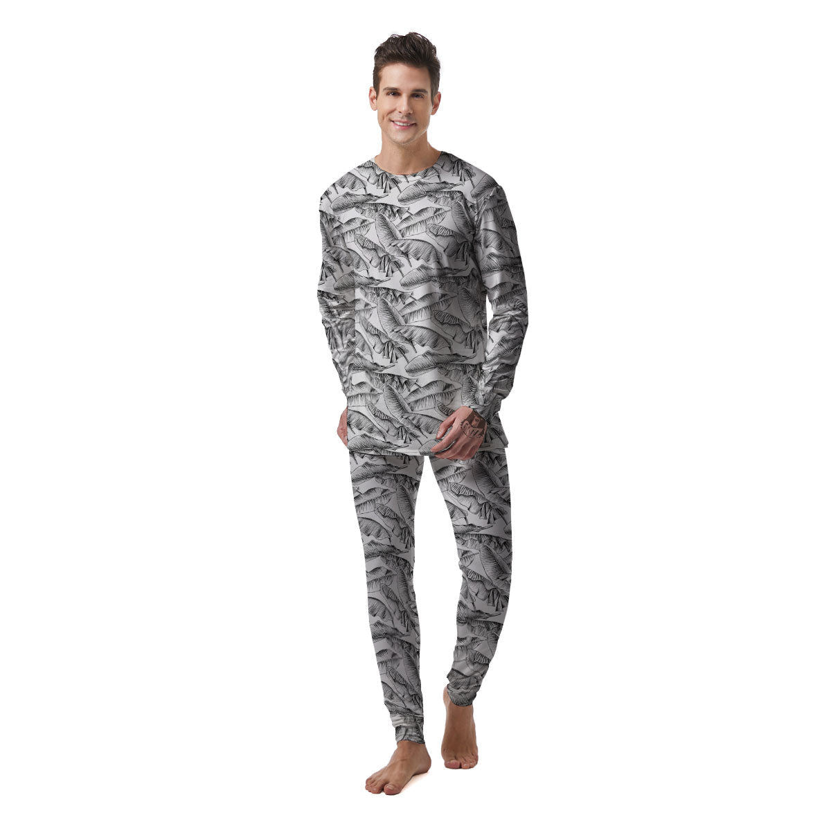 Banana Leaf White And Black Print Men's Pajamas-grizzshop