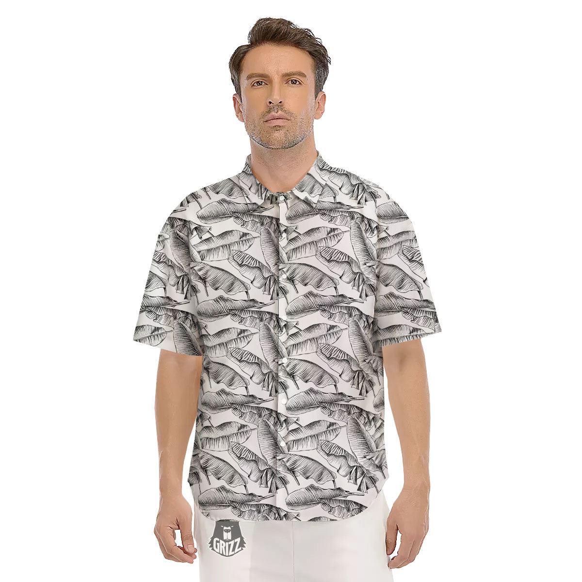 Banana Leaf White And Black Print Men's Short Sleeve Shirts-grizzshop