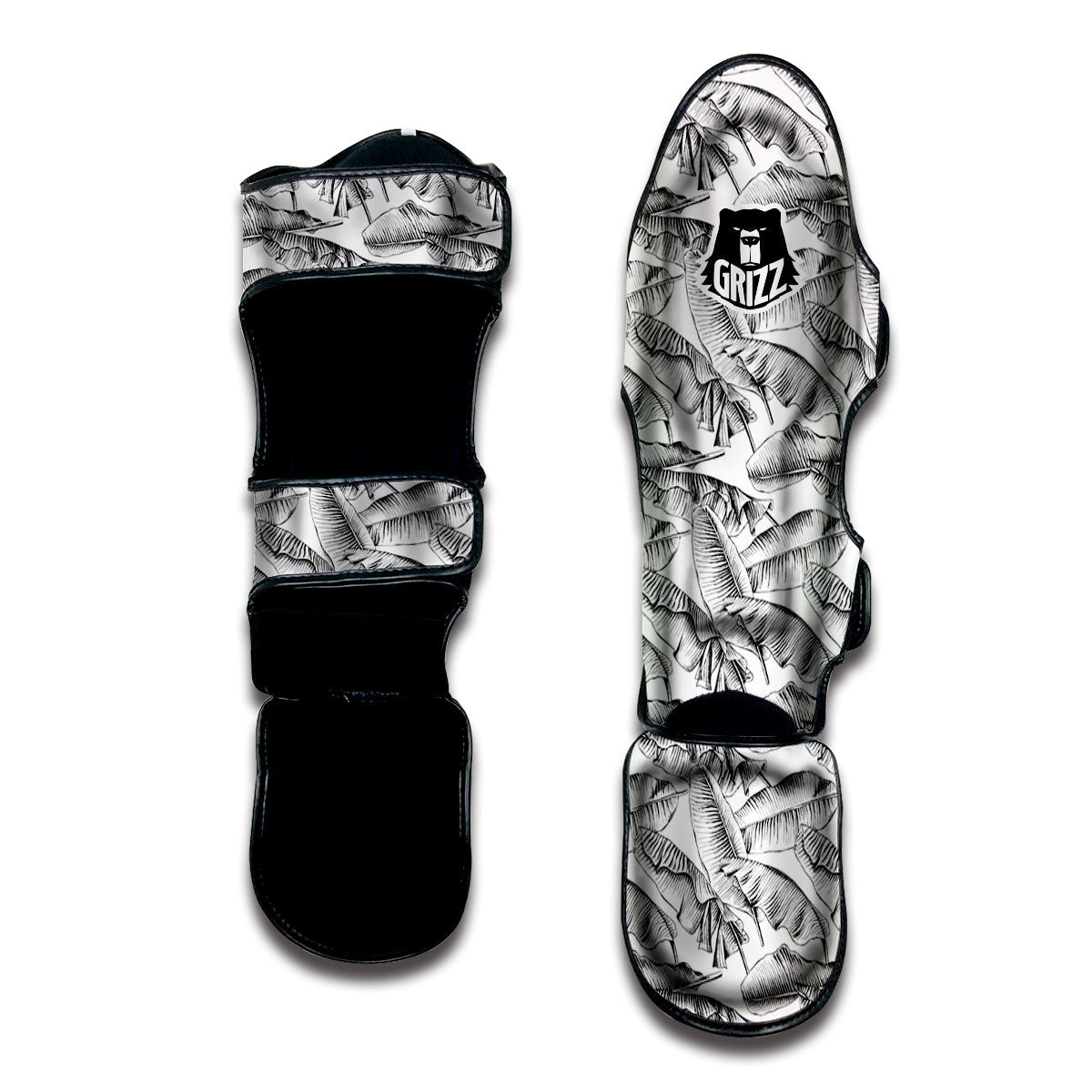 Banana Leaf White And Black Print Muay Thai Shin Guards-grizzshop
