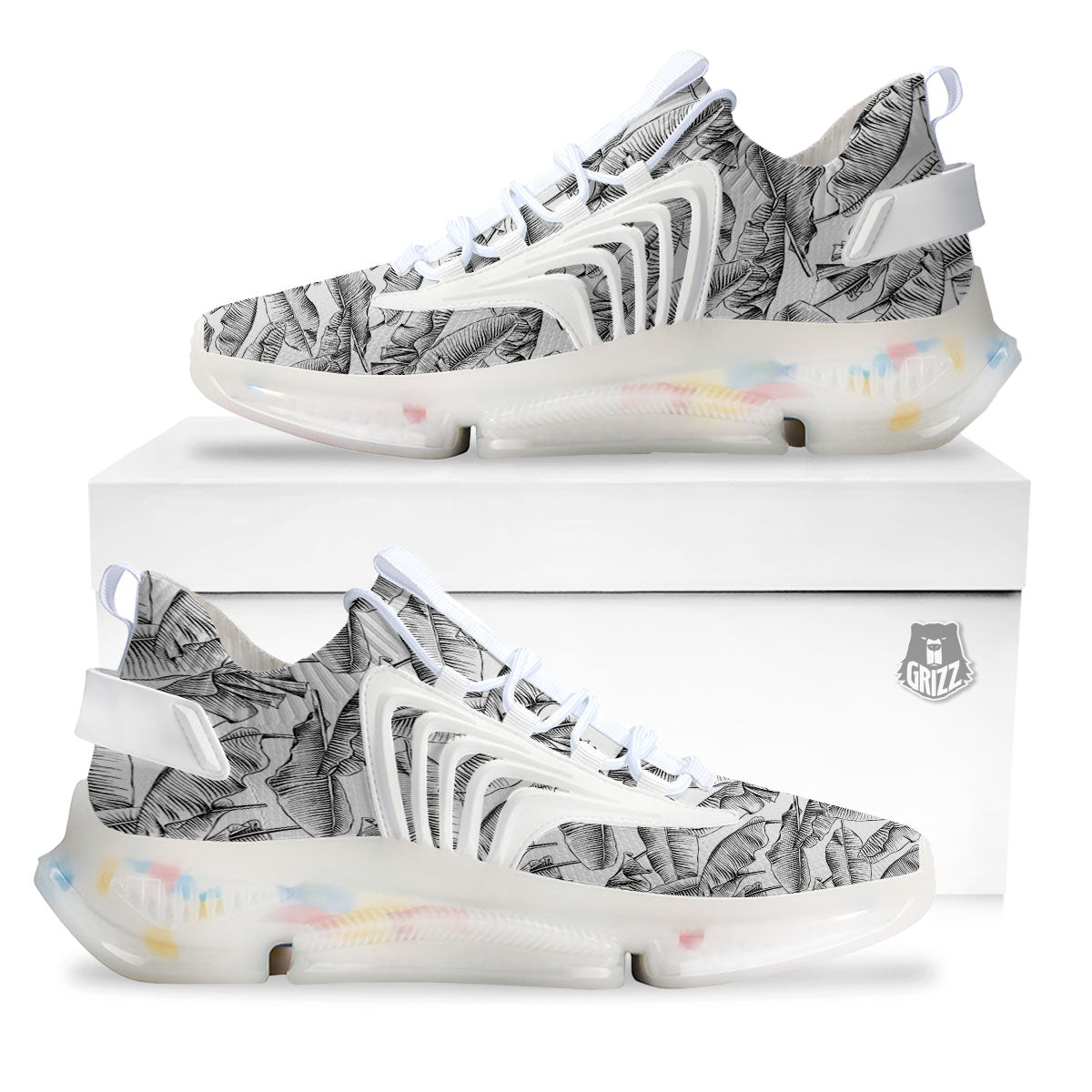 Banana Leaf White And Black Print White Gym Shoes-grizzshop