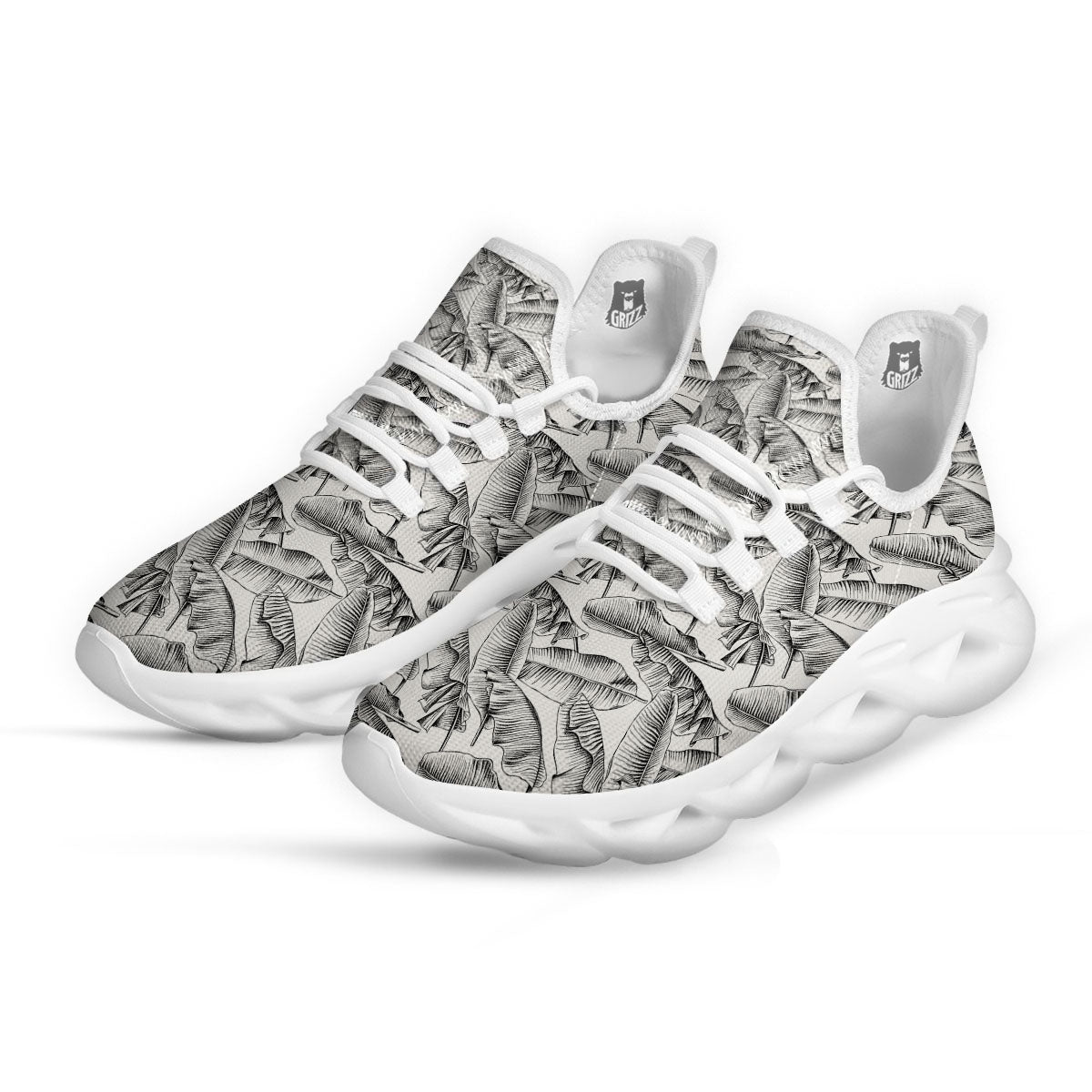 Banana Leaf White And Black Print White Running Shoes-grizzshop