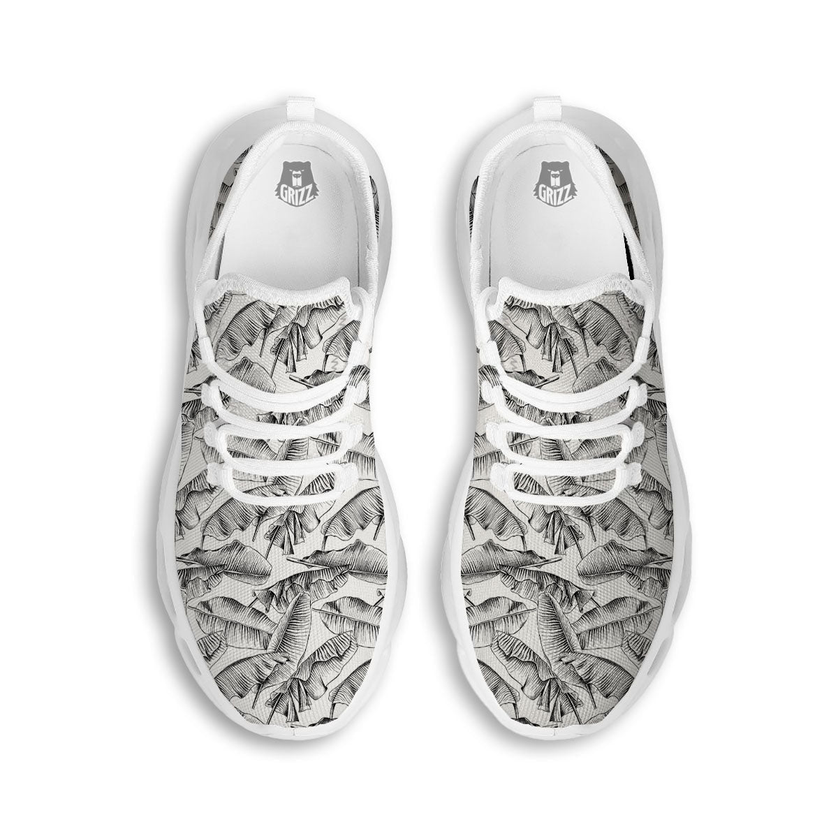 Banana Leaf White And Black Print White Running Shoes-grizzshop