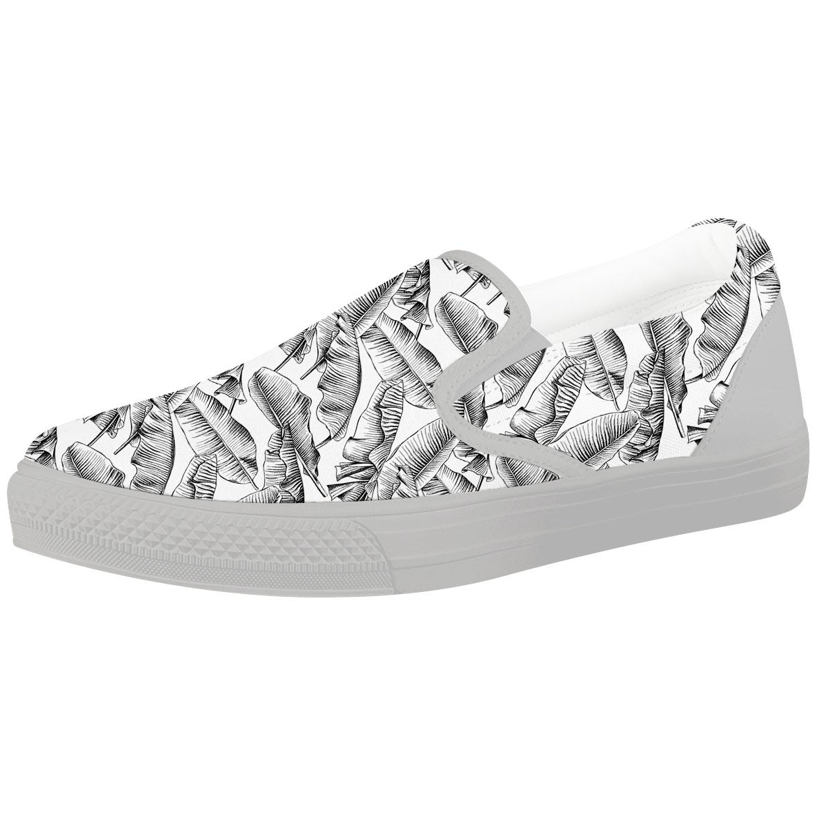 Banana Leaf White And Black Print White Slip On Shoes-grizzshop