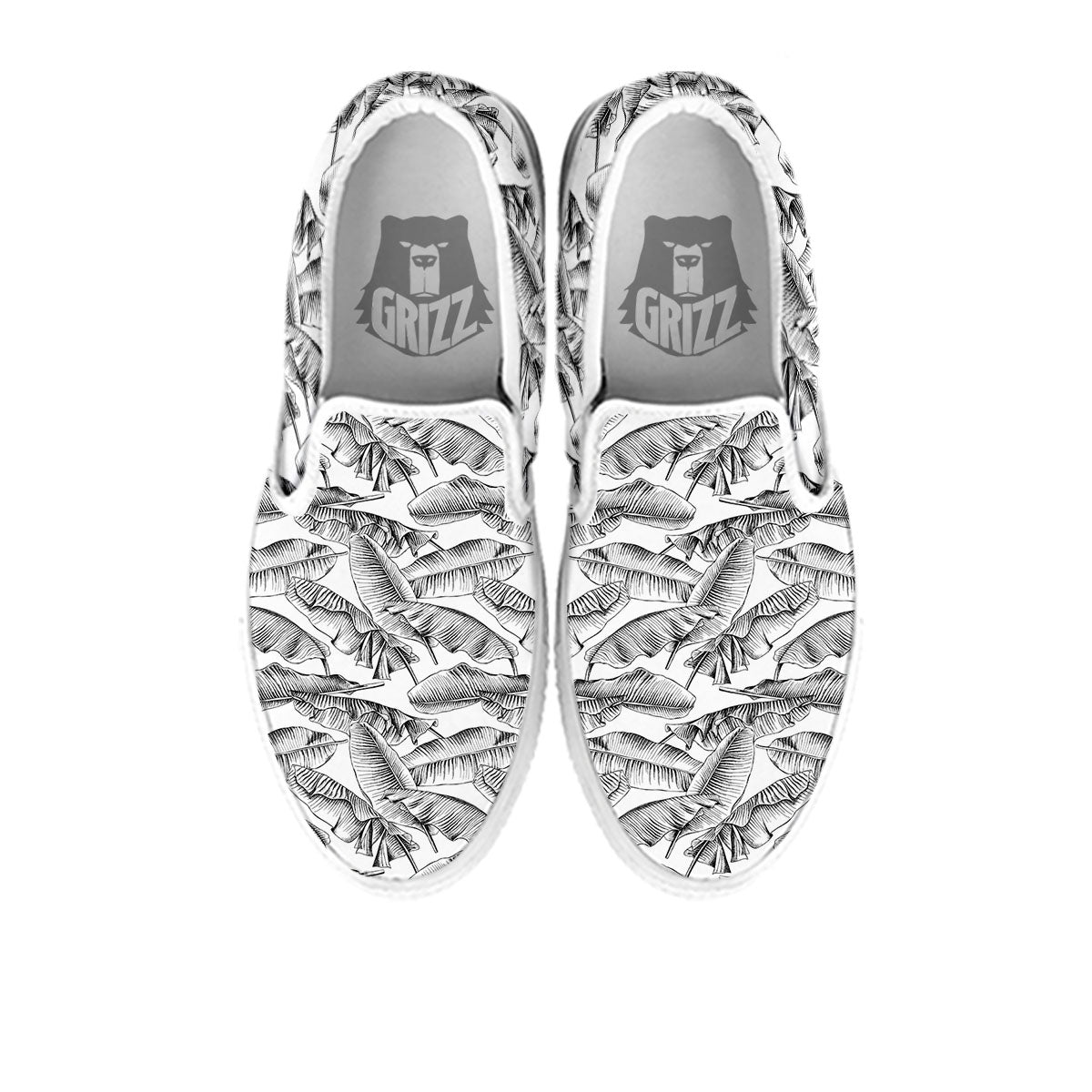 Banana Leaf White And Black Print White Slip On Shoes-grizzshop