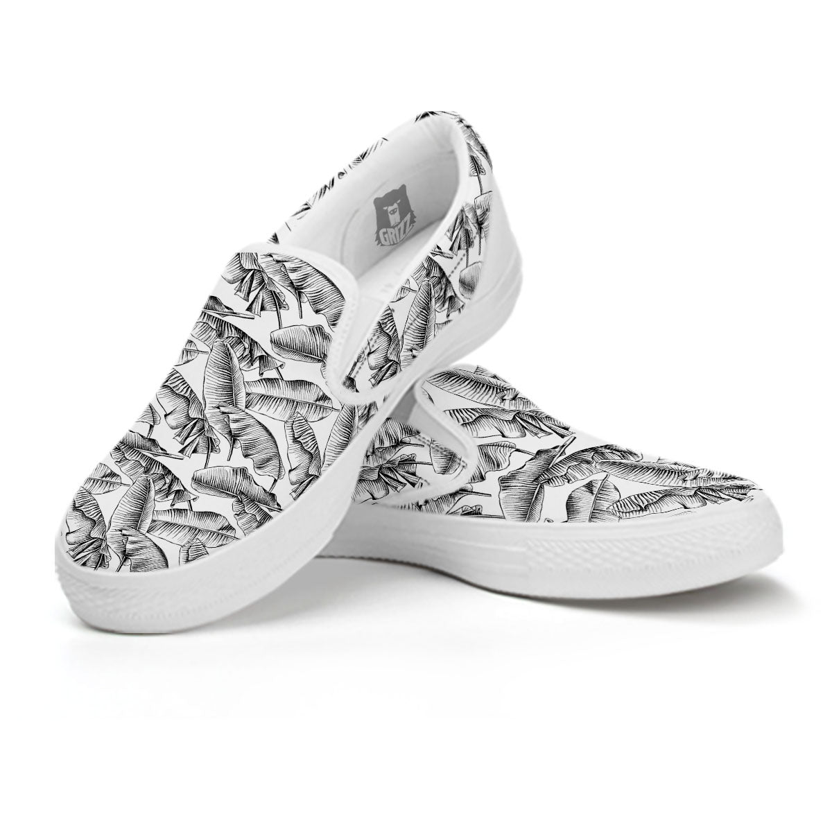 Banana Leaf White And Black Print White Slip On Shoes-grizzshop